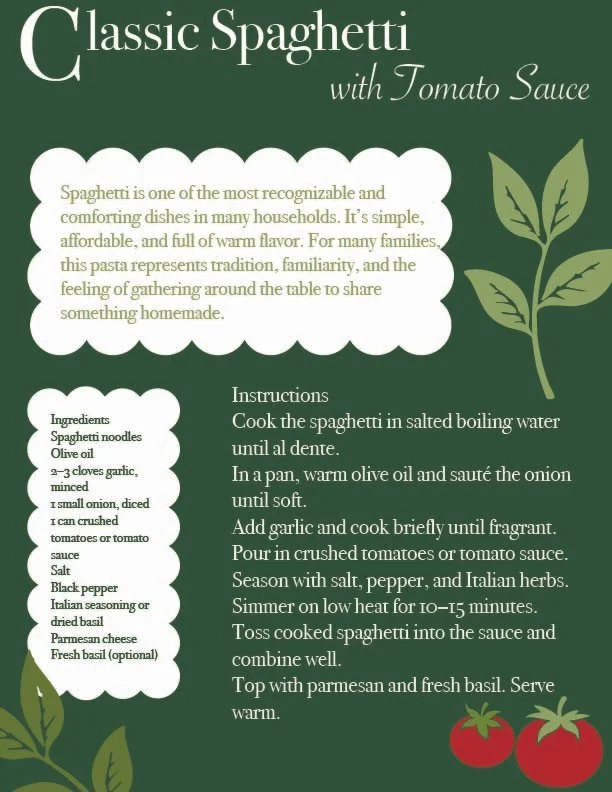 A poster for classic spaghetti with tomato sauce, featuring a green background, decorative leaves, and illustrations of tomatoes. It includes a description, ingredients, and cooking instructions for making spaghetti with tomato sauce.