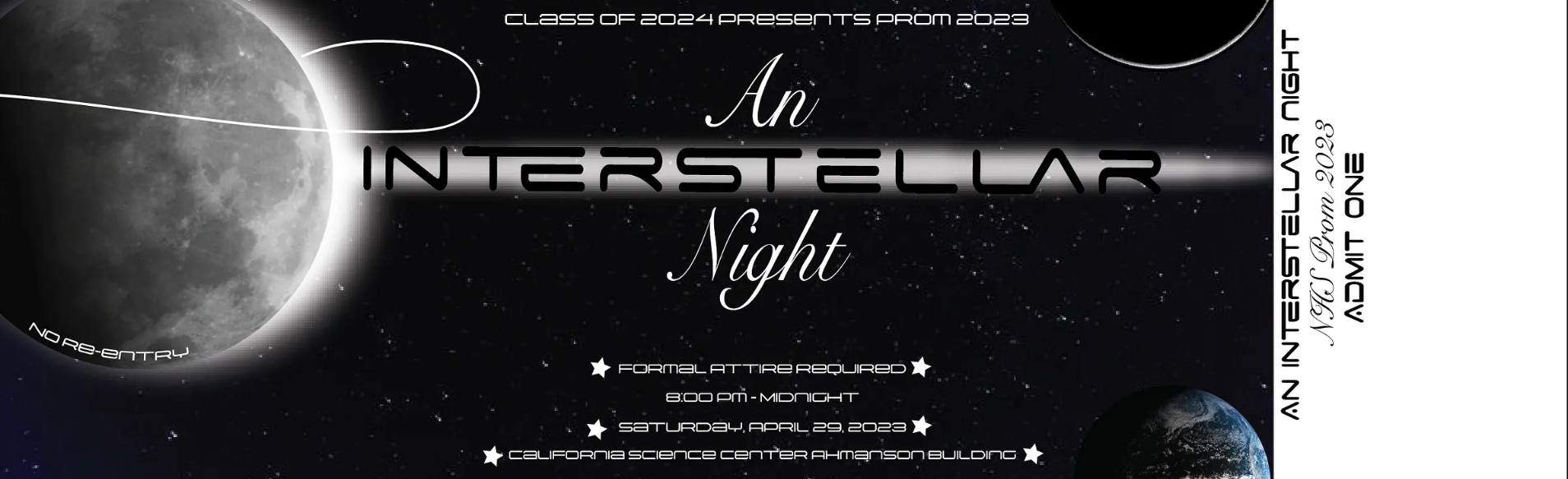 Event flyer for 'An Interstellar Night' with a space background, featuring stars, planets, and moon visuals, and event details including date, time, and location.