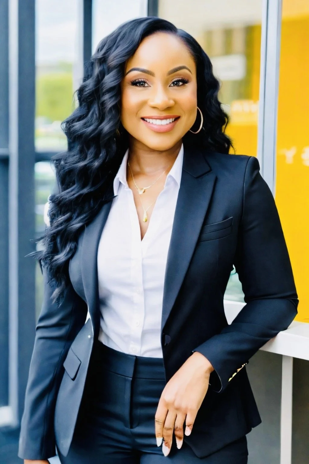 A professional woman with long, wavy black hair and gold jewelry, wearing a black blazer and white shirt, smiling outdoors.