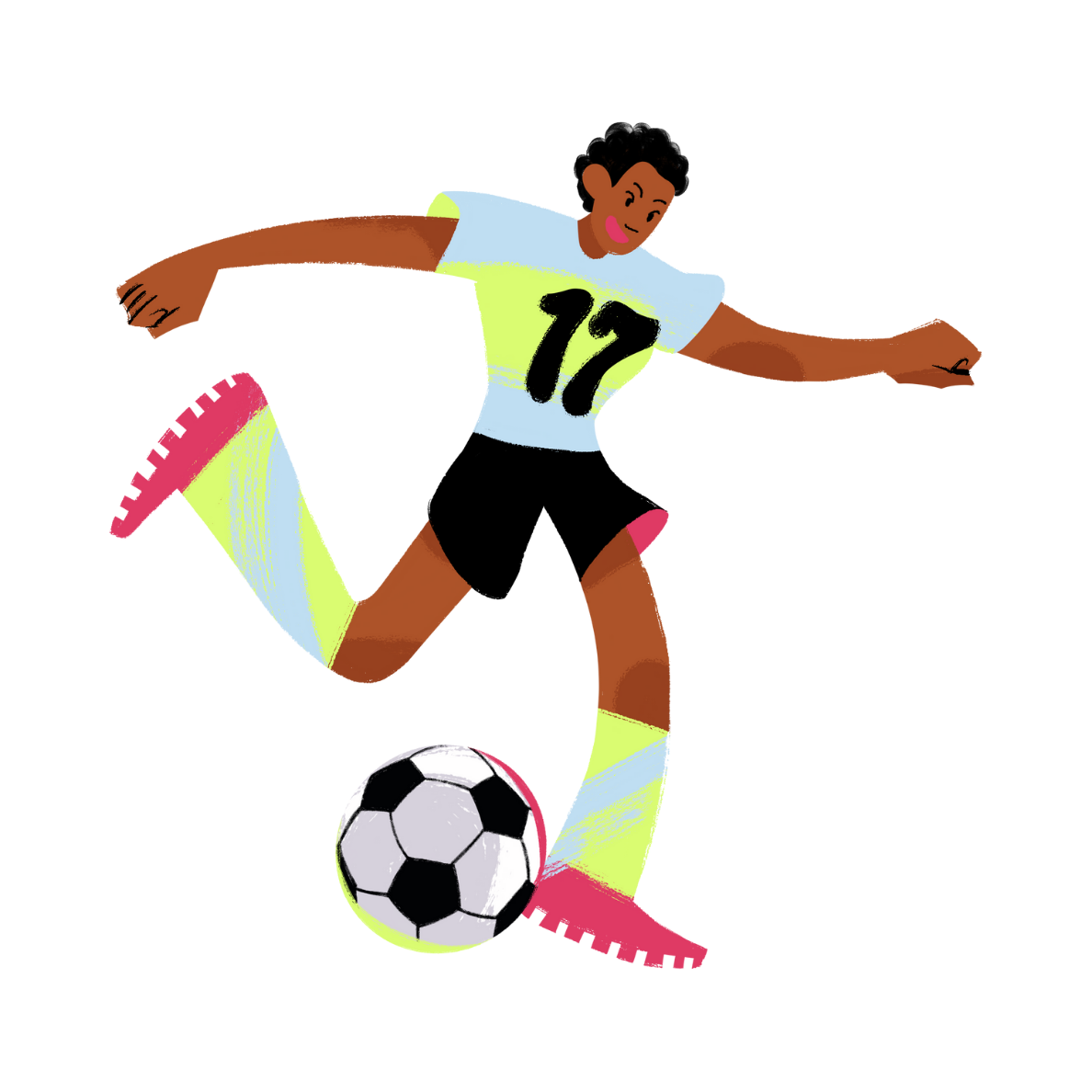 An animated female athlete in a sports jersey numbered 12, mid-kick with a soccer ball, on a black background.