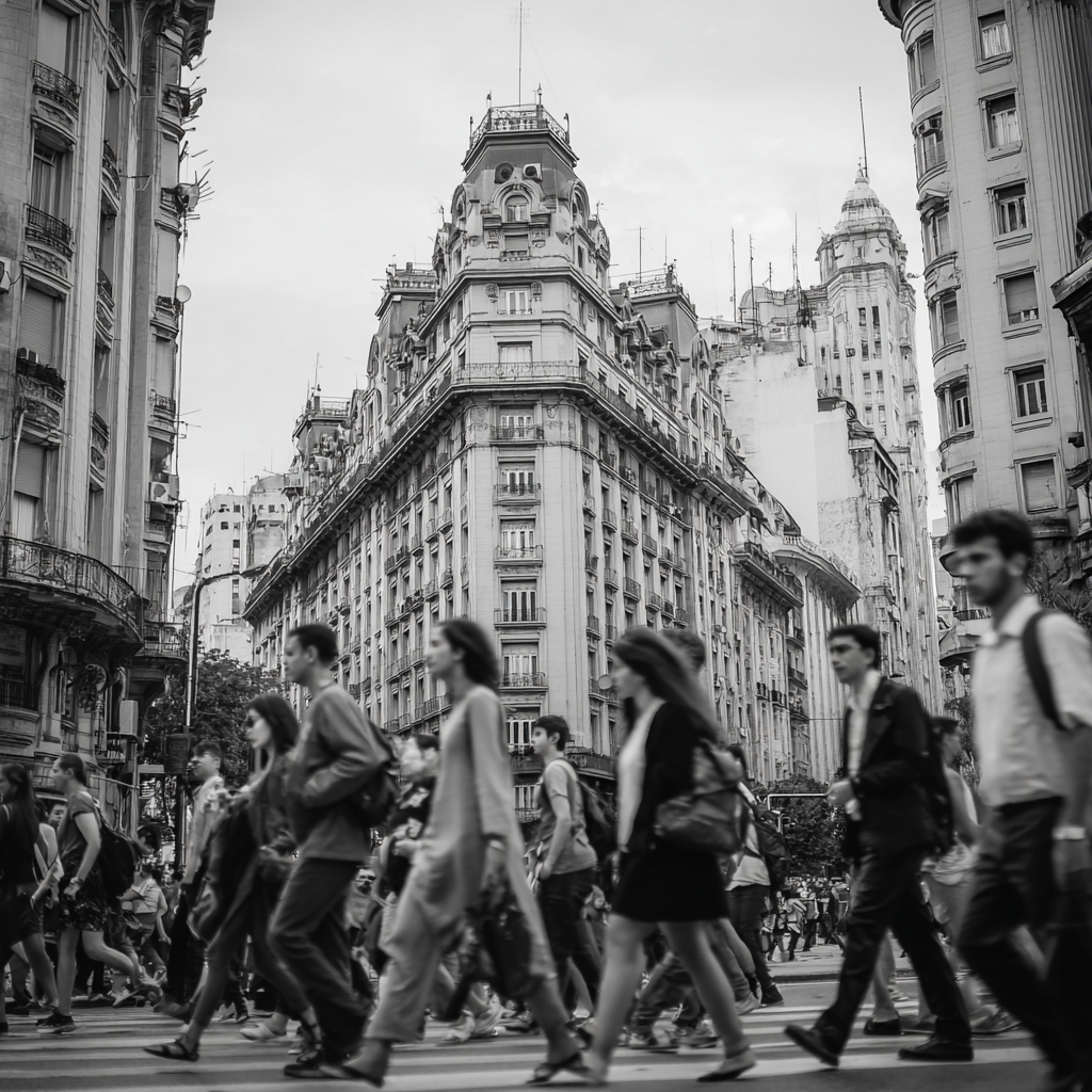 Black and white photo of city street with people walking across a crosswalk, surrounded by tall historic buildings with ornate architectural details.