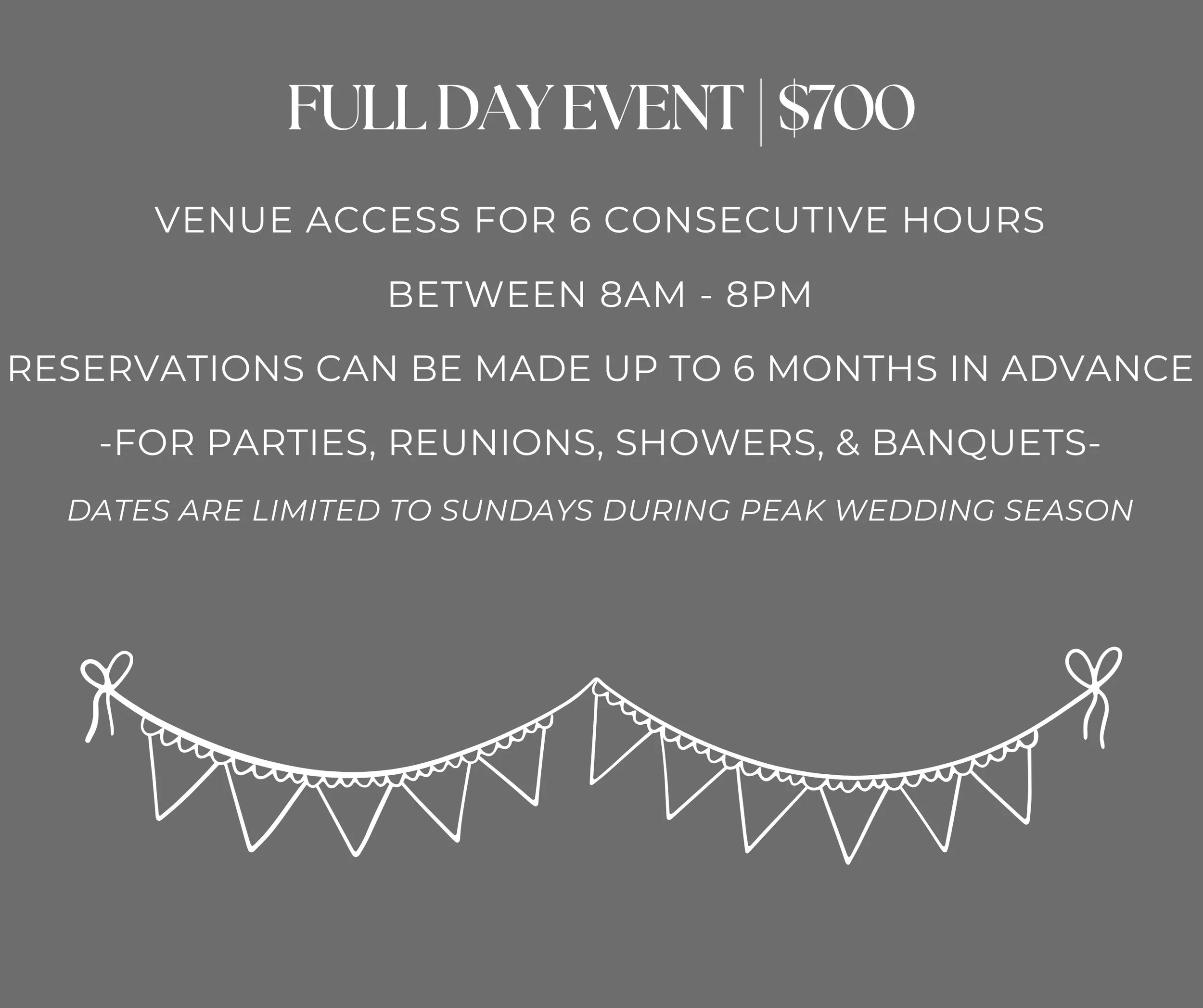 Announcement for a full-day event costing $700 with venue access for six hours from 8am to 8pm, including details about reservations and occasions such as parties, reunions, showers, and banquets, decorated with white string lights at the bottom.