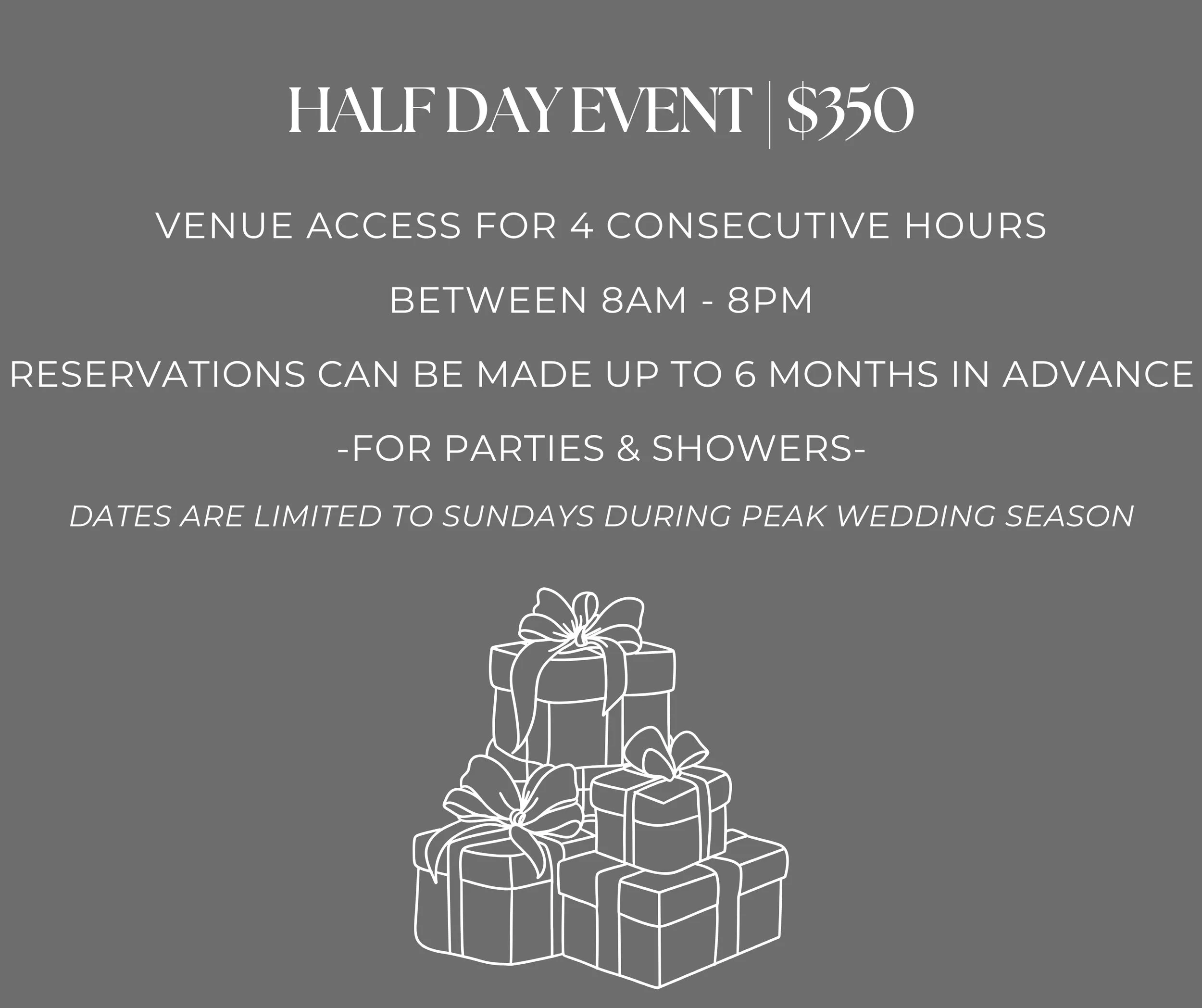 White outline of gift boxes with ribbons stacked in a pyramid on a dark background, with text announcing a half-day event with a price of $350, details about venue access and reservation times, and a small flower illustration at the bottom.