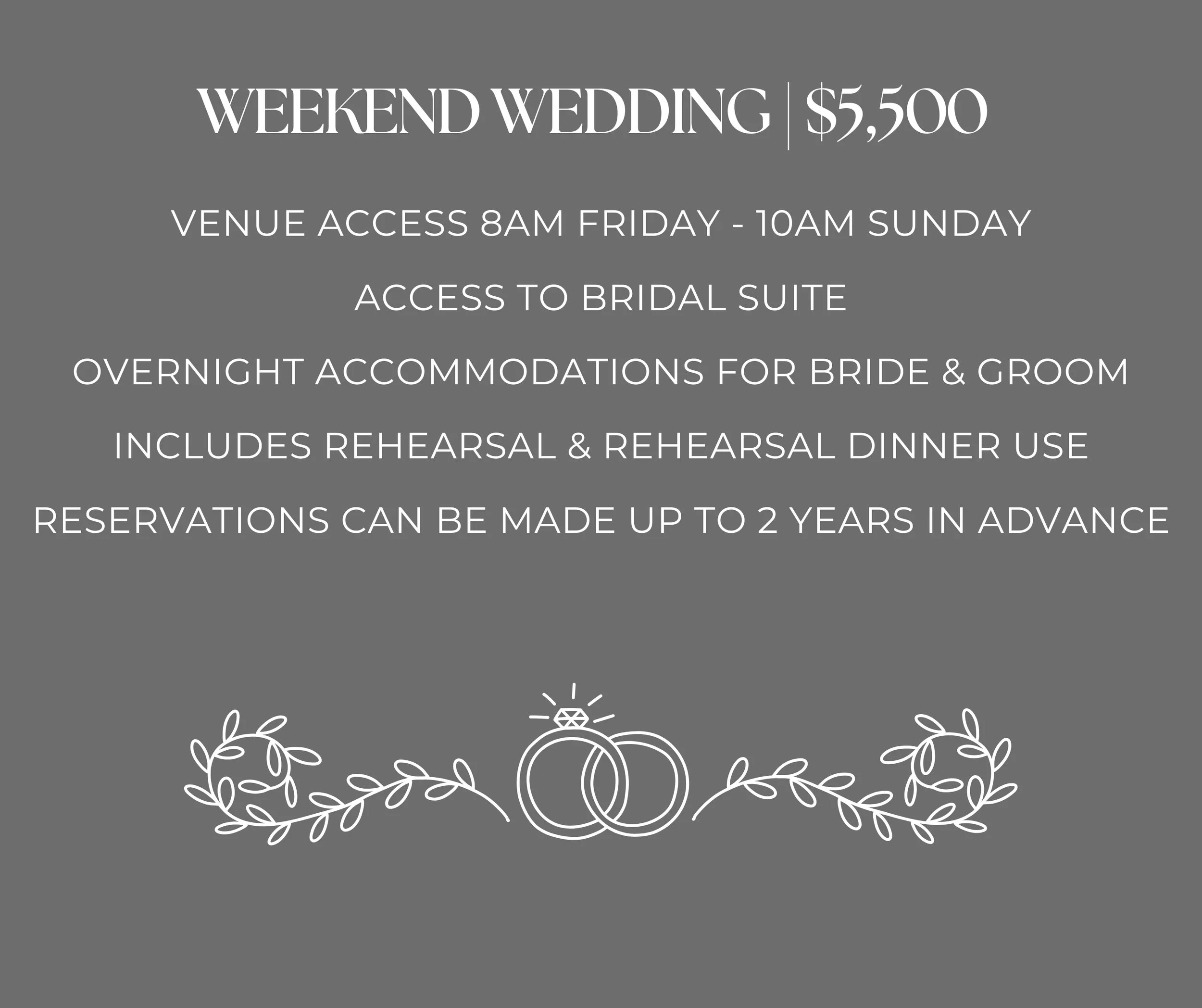 Wedding package details on a gray background with floral illustrations, including prices and access information.