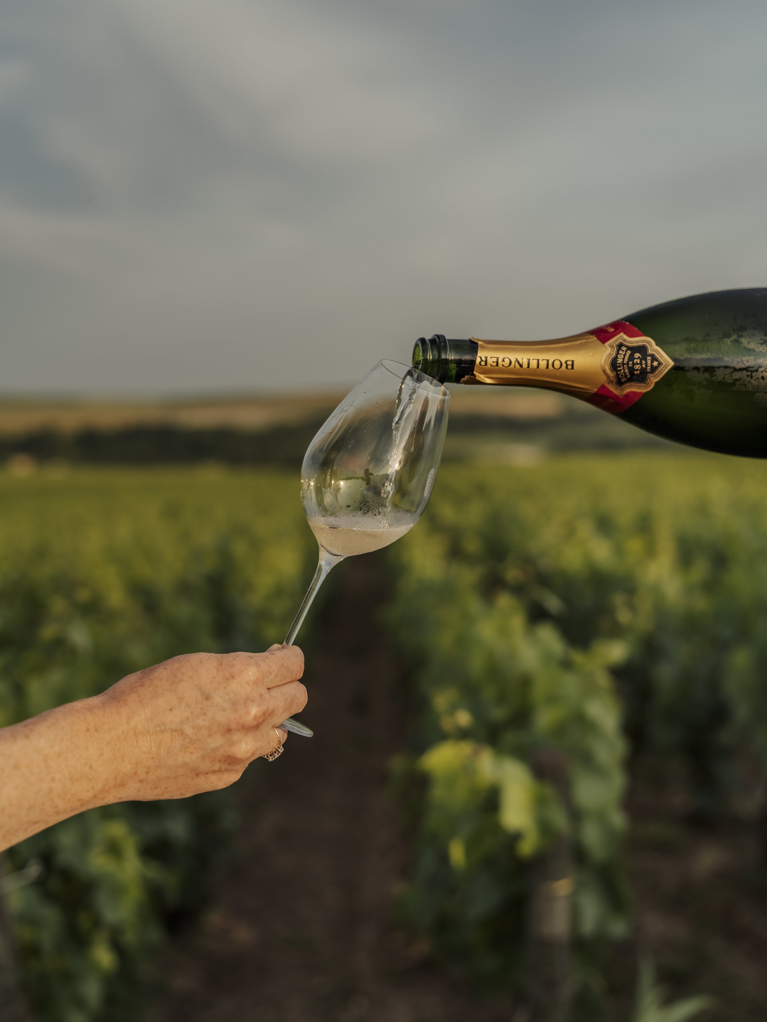 A hand holding a champagne flute as champagne is poured from a green bottle labeled 'Bollinger' in a vineyard landscape.