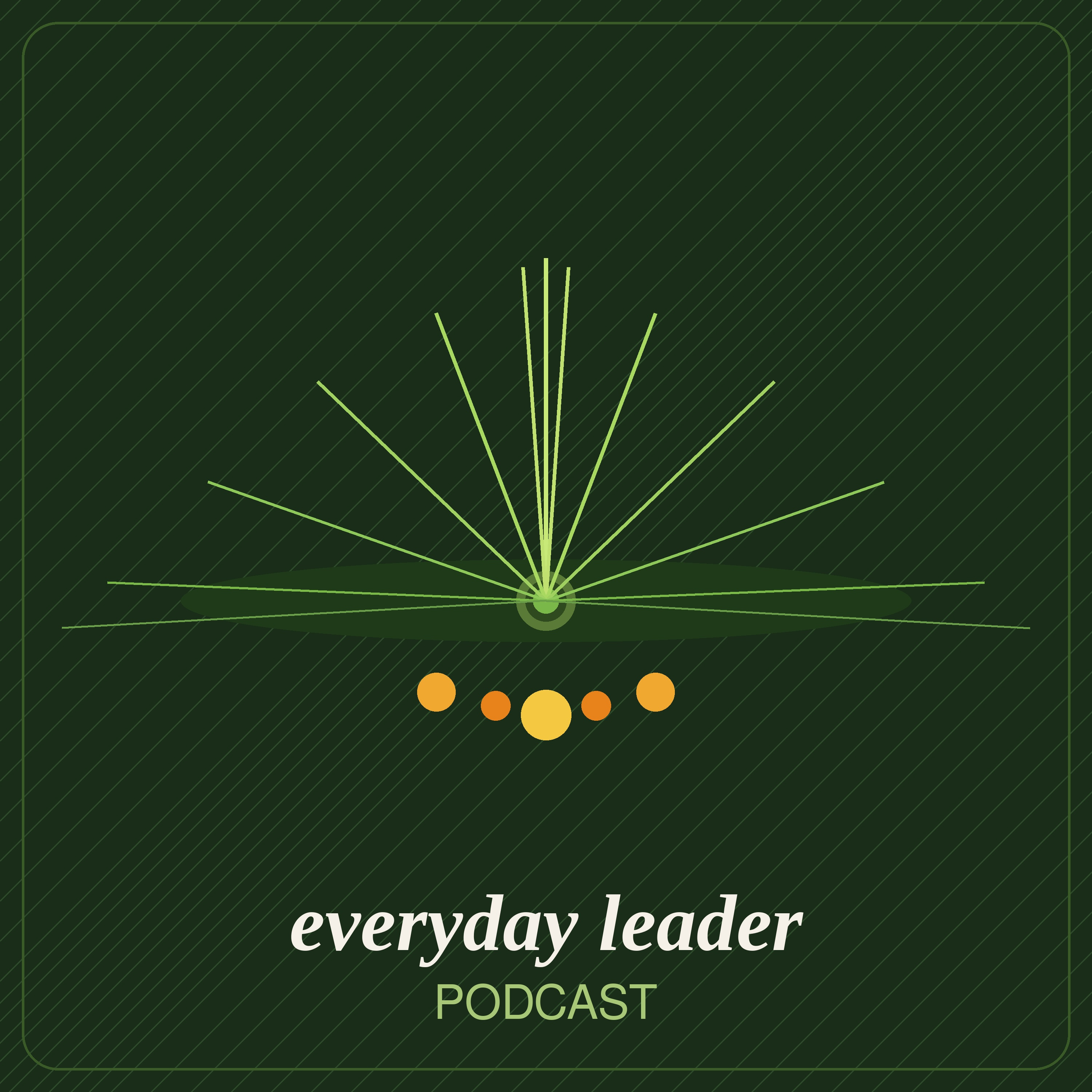Podcast cover with a dark green background, geometric line patterns, radiating lines, and the text 'everyday leader' in white and 'PODCAST' in light green at the bottom.