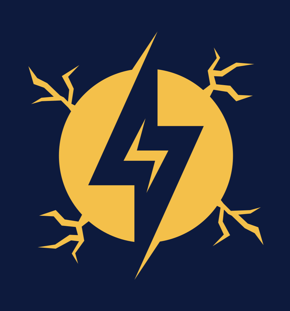 A stylized design featuring a yellow circle with a black lightning bolt and lightning streaks on a dark blue background, symbolizing energy or power.
