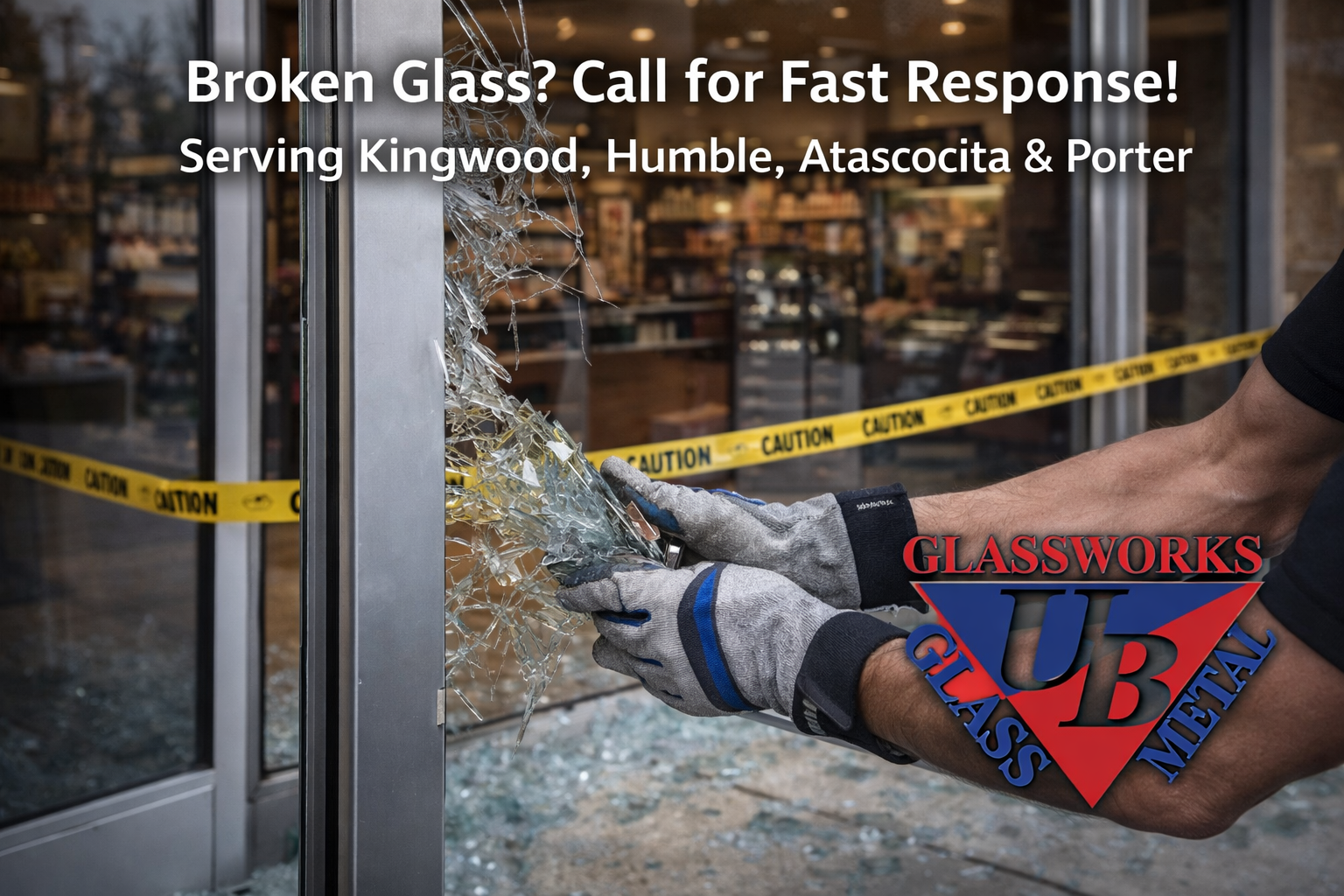 Close up of broken commercial glass being repaired in Kingwood and Humble Texas for emergency service