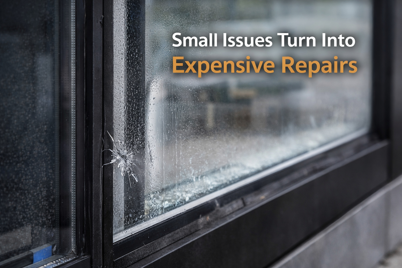 Early signs of commercial glass damage including cracks and seal failure in Tomball Texas storefront
