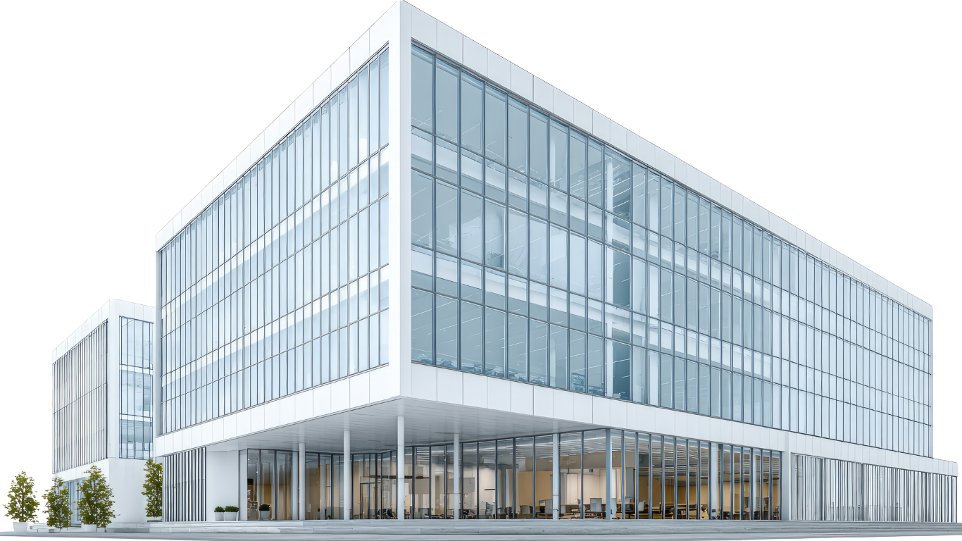 Modern glass office building with multiple floors and large windows, visible interior offices and meeting rooms, surrounded by small trees.