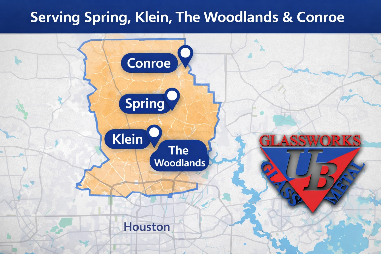 Map showing commercial storefront glass services in Spring Klein The Woodlands and Conroe Texas