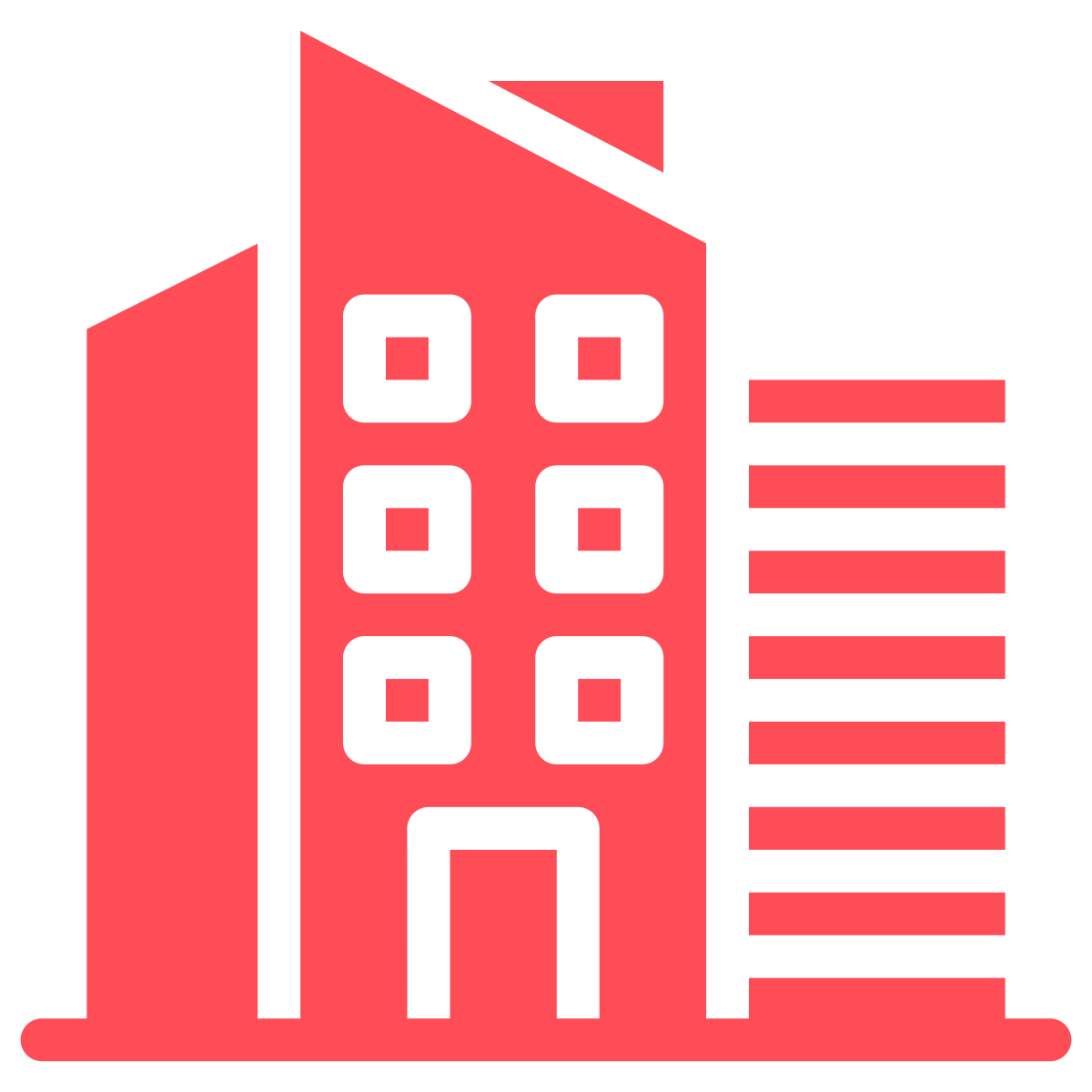 Simplified illustration of multiple high-rise buildings, with a focus on one pink building with four floors and six windows, set against a black background.