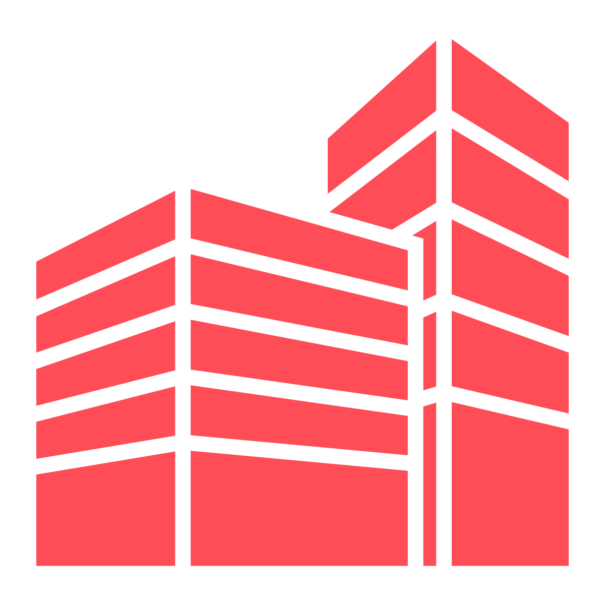 Graphic of a modern glass office building with red panels and black outlines.