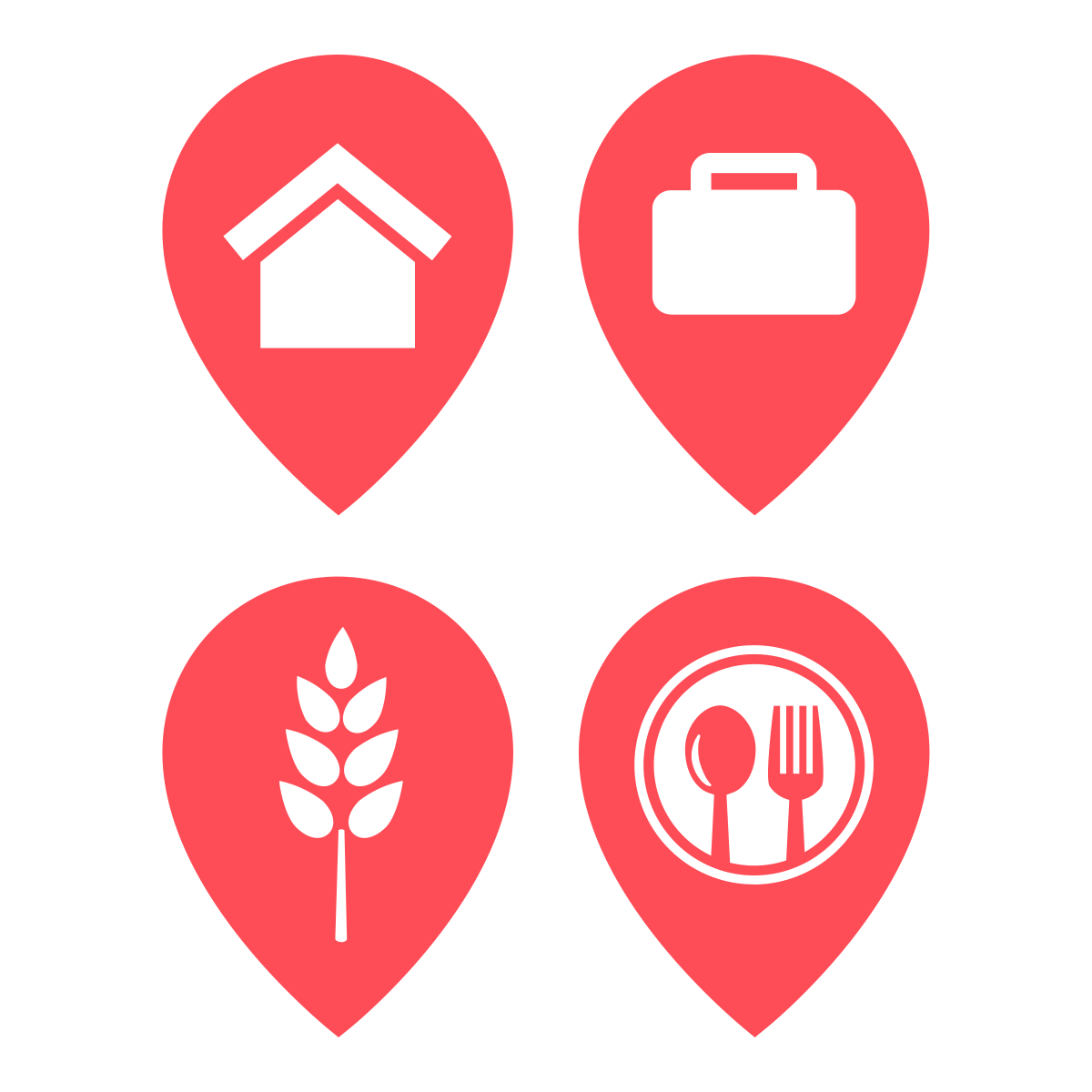 Four location icons with black symbols inside red teardrop-shaped markers: house, briefcase, wheat stalk, and dining utensils on a black background.