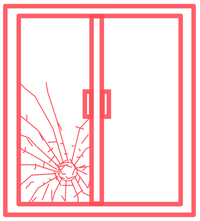 Outline of a fire alarm box with a glass front that is cracked, showing shattered glass and broken glass inside.