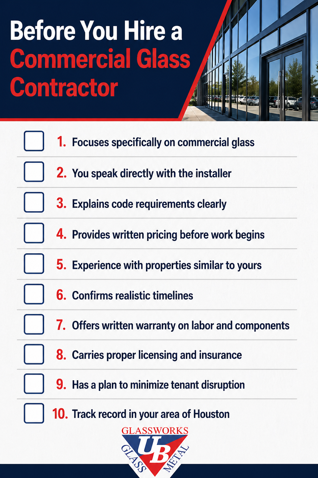 Commercial glass contractor hiring checklist for Houston property managers