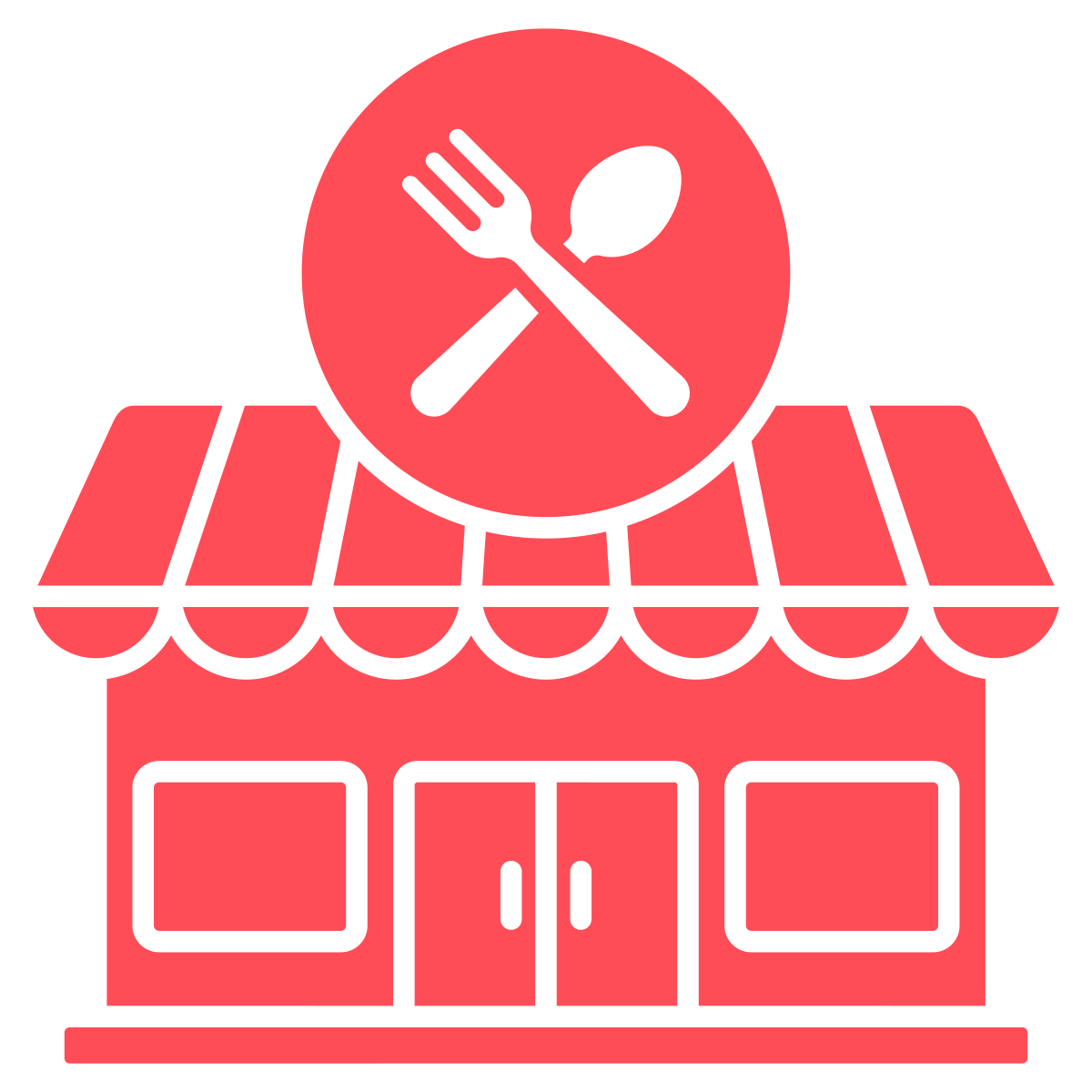 Icon of a restaurant with a red circle, a fork and spoon crossed inside it, indicating no dining, placed above a storefront with shuttered windows.