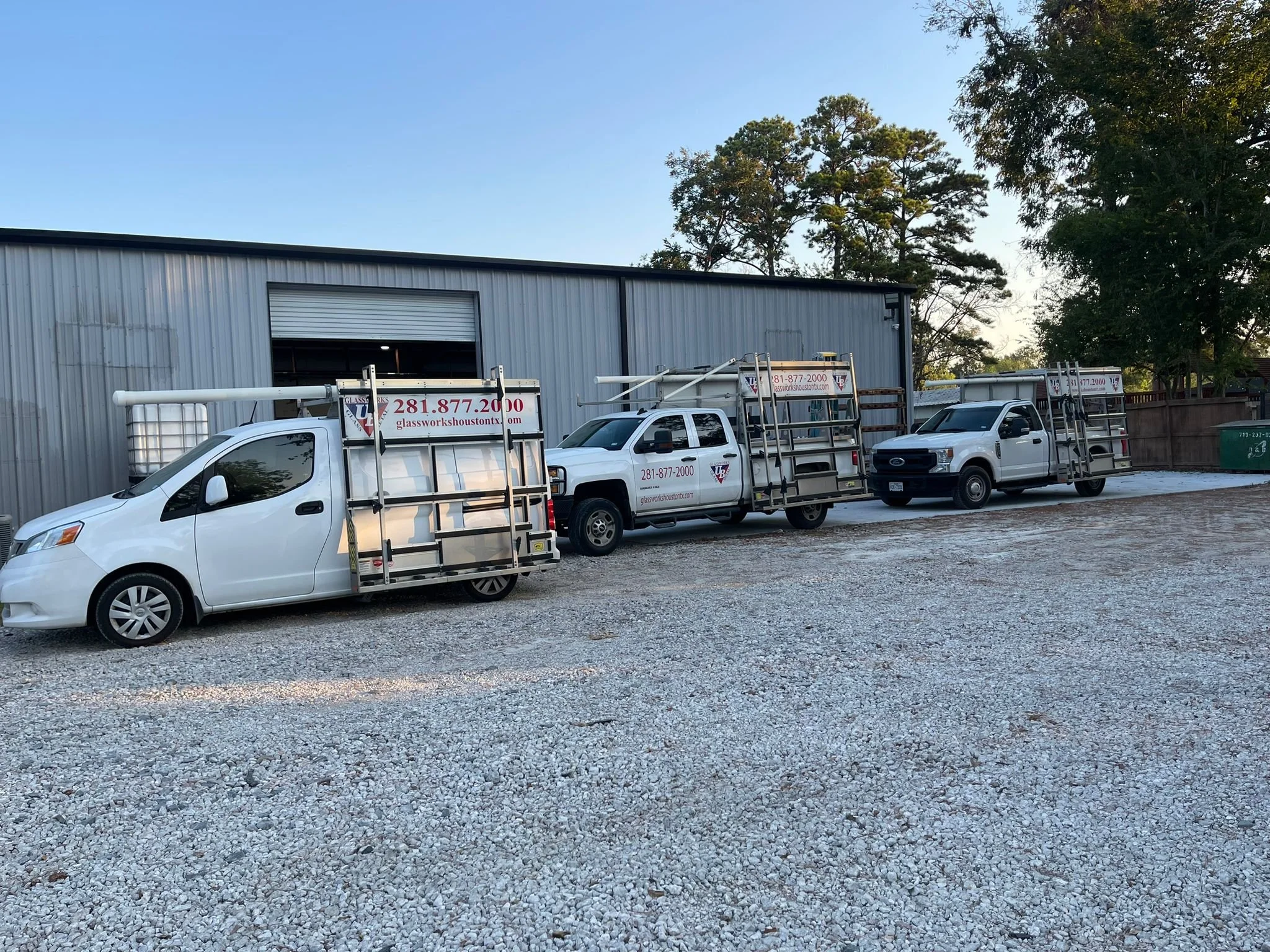 Glassworks Houston commercial glass service trucks on site for storefront and commercial glass projects