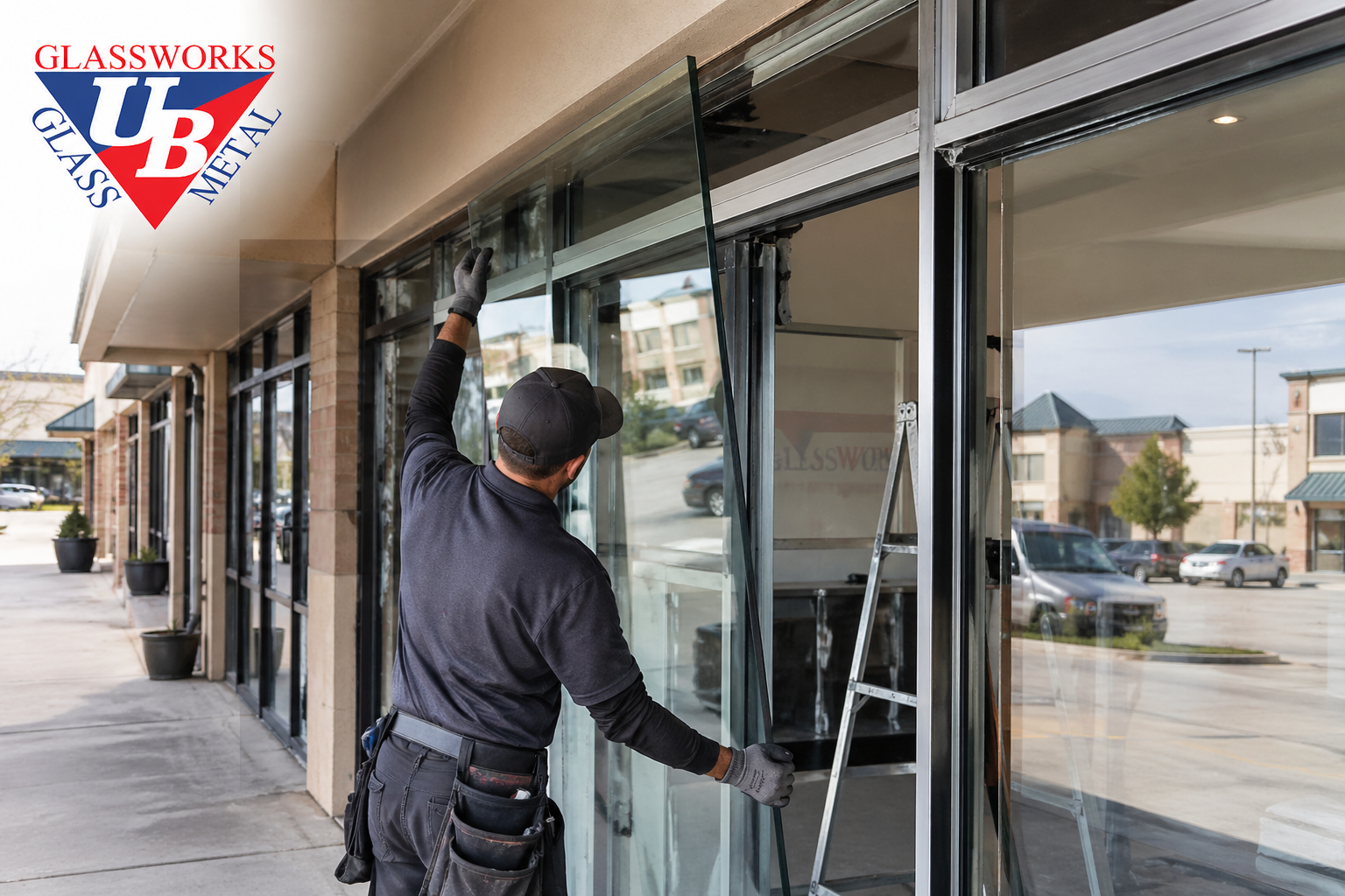 Commercial glass contractor installing storefront glass panel in Houston Texas