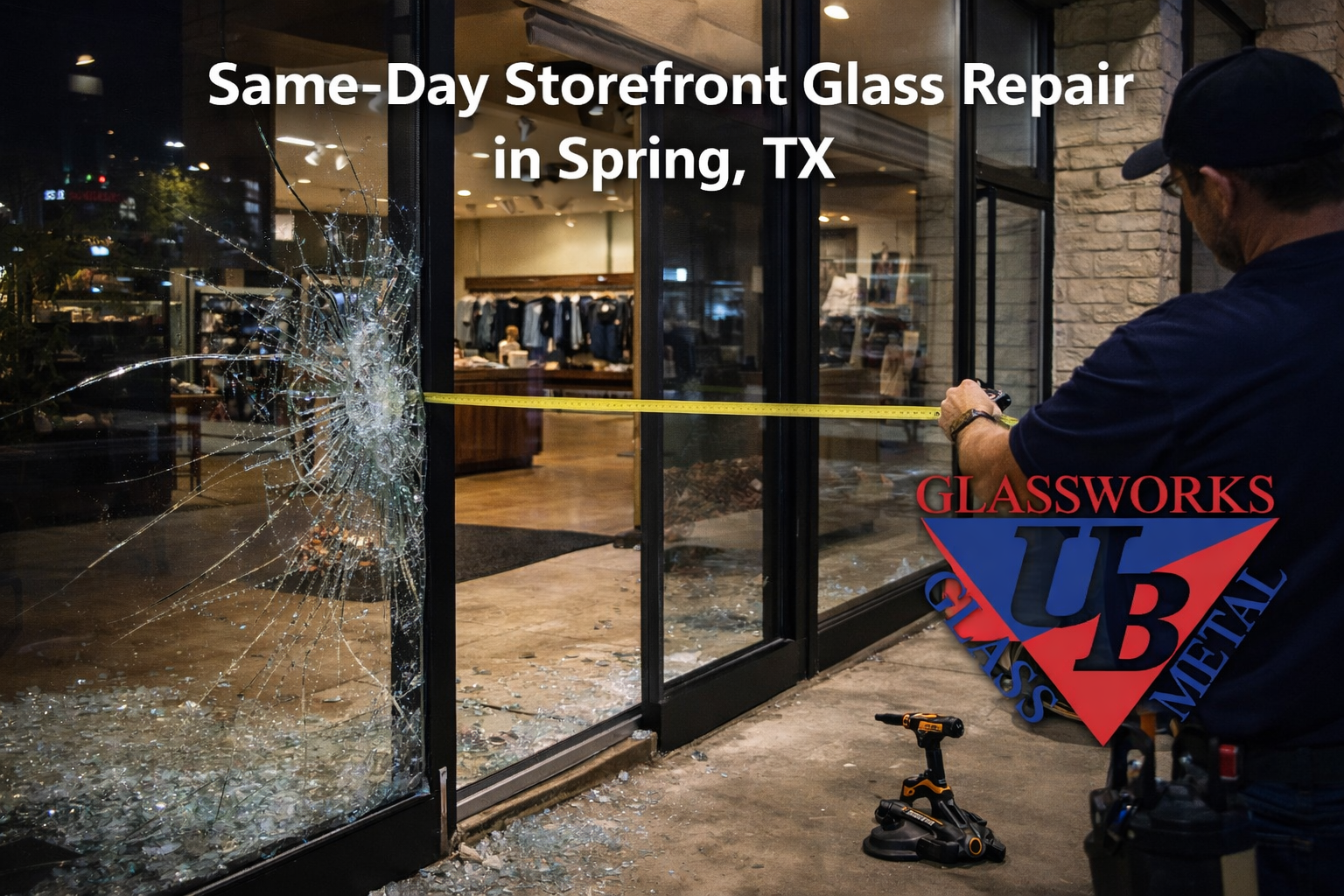 Damaged commercial glass door in Katy Texas showing need for repair or replacement service