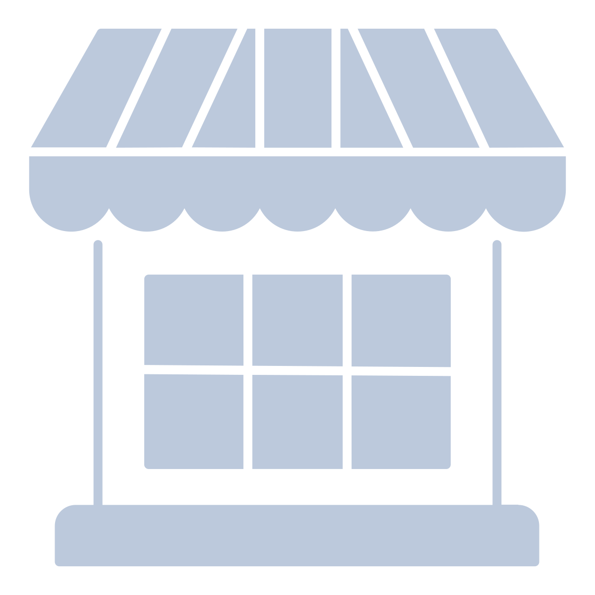 A simple illustration of a small shop with a striped awning and four-pane window.