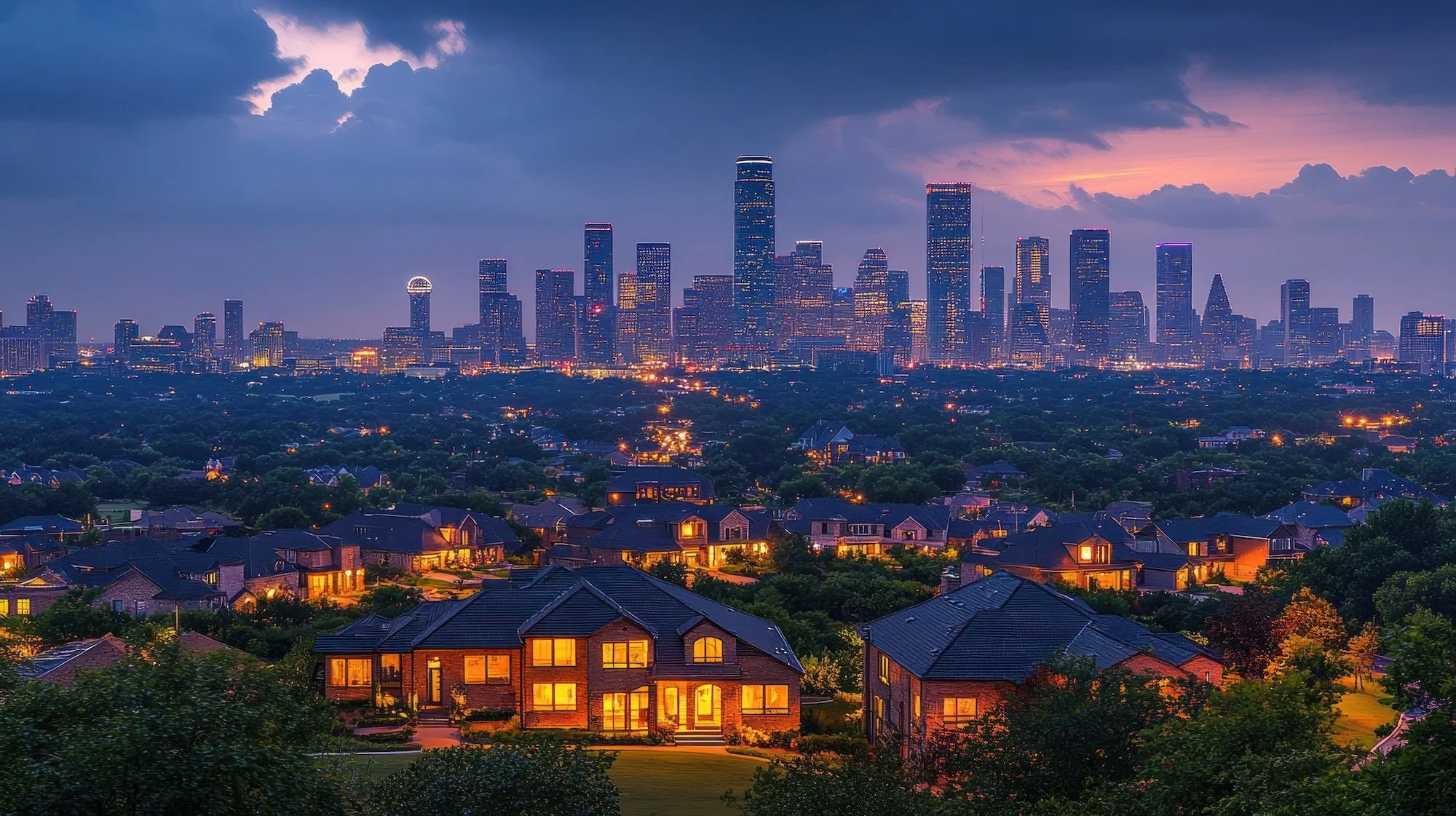 Night view of a city skyline with tall skyscrapers and illuminated windows from houses in a suburban neighborhood in the foreground.