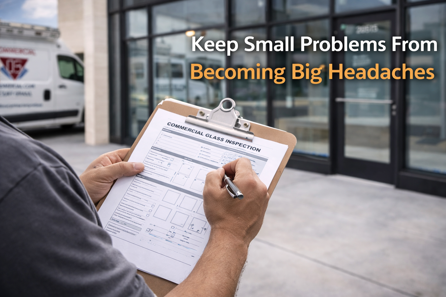 Property manager planning commercial glass maintenance and repairs in Conroe and Willis Texas