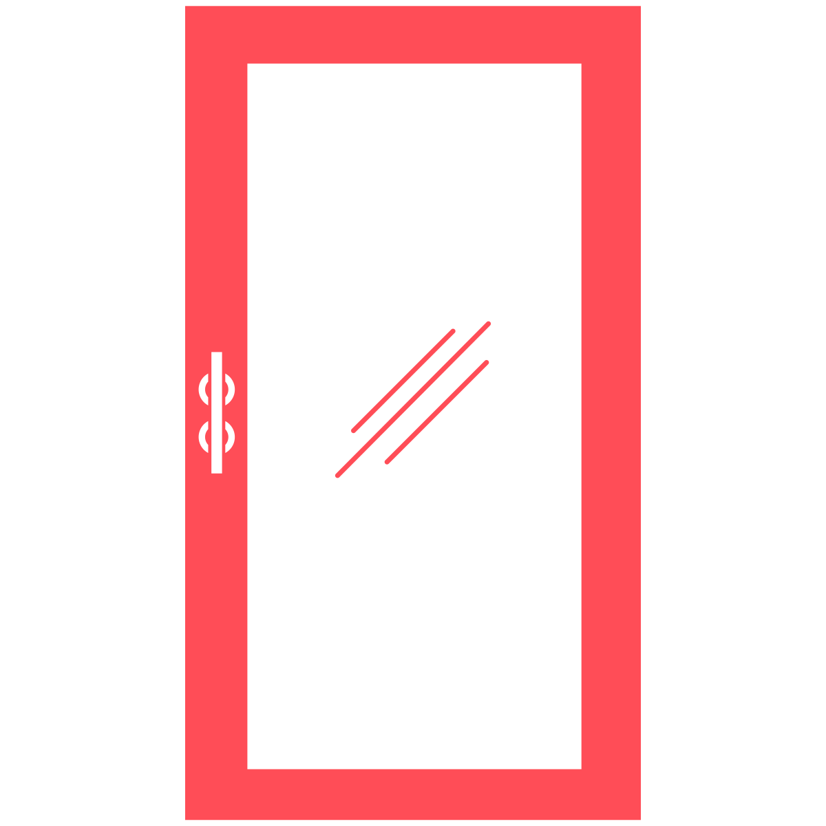 A red oven with a black glass door and pink handles and hinges.