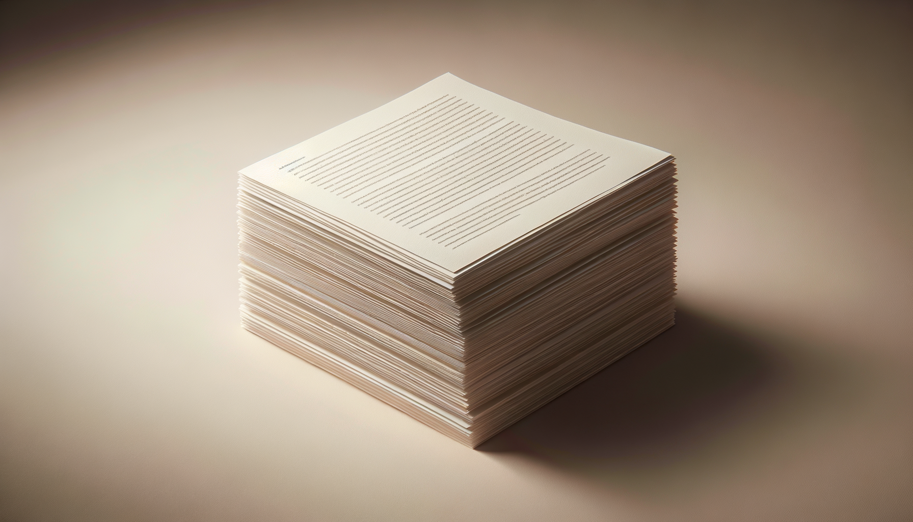 A large stack of papers with printed lines, placed on a plain surface with a soft light source.