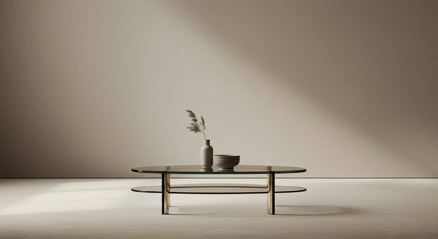 Minimalist modern glass coffee table with a white vase holding dried grass and a bowl on top, in a plain room with soft lighting and neutral tones.