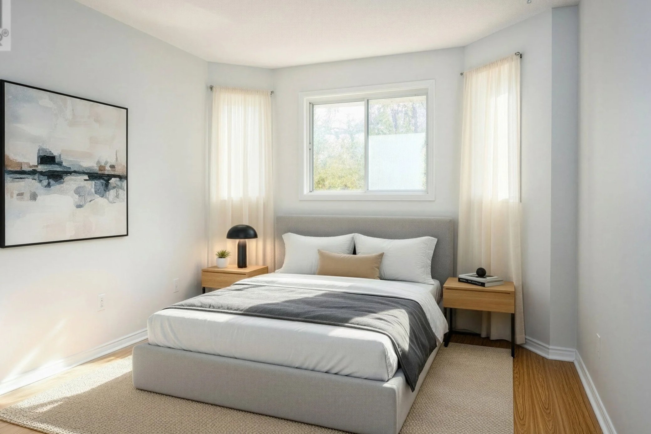 A minimalist bedroom with a bed, nightstands, a lamp, a small plant, and artwork, illuminated by natural light from a window.