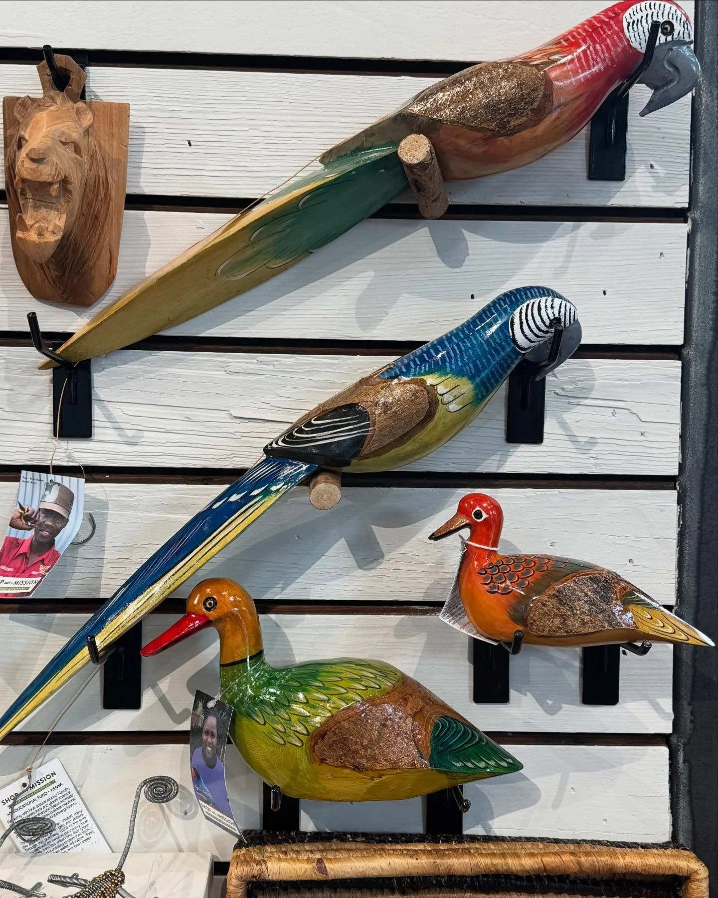 These beautiful parrots and ducks, made from jacaranda wood, were hand carved and hand painted in Kenya. #fairtrade #shopwithamission #handmade #handpainted #kenya