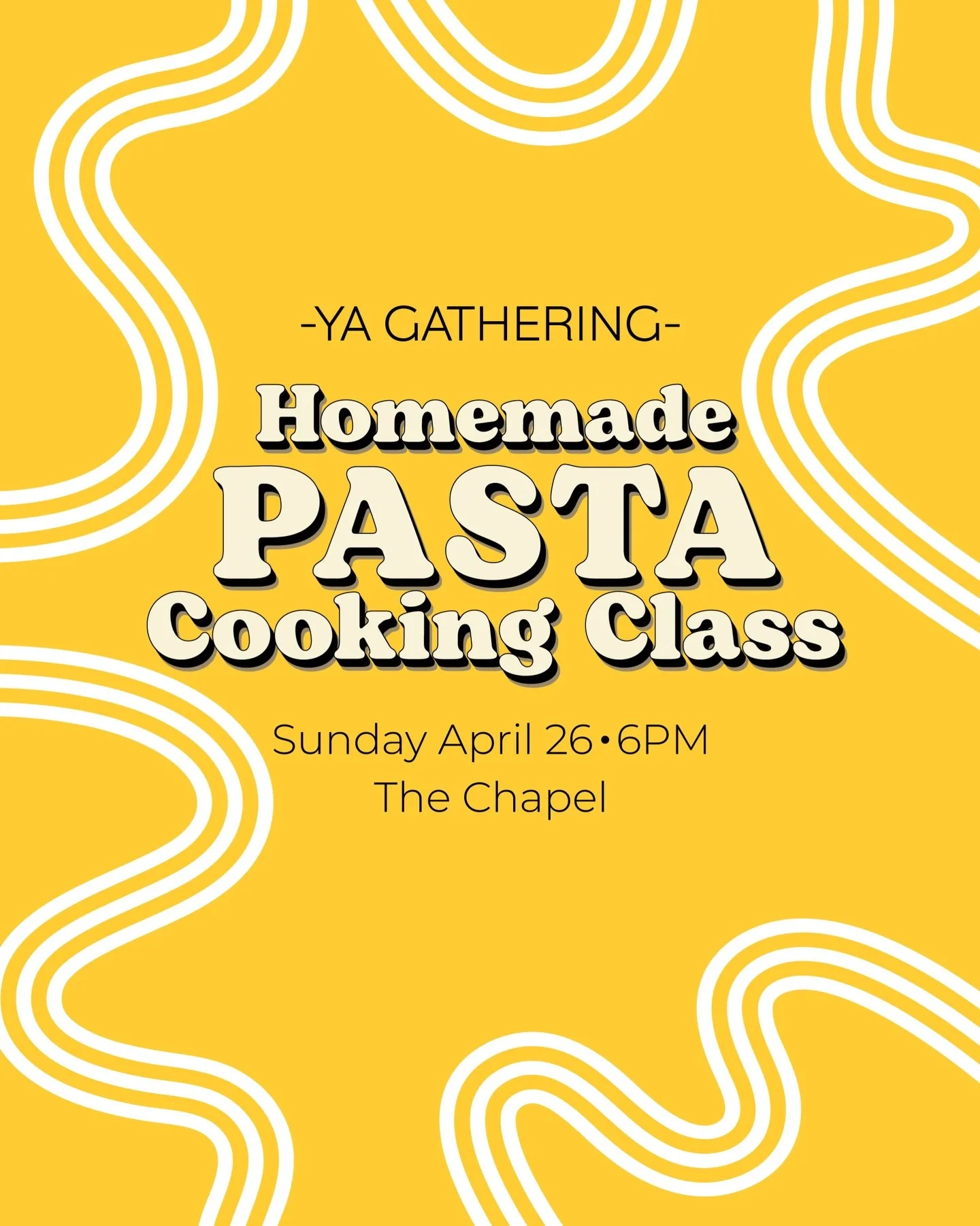 Hey YA! We are making fresh pasta from scratch this Sunday!

We will have worship, a message from Pastor Caleb, and after we&rsquo;re all learning how to make pasta from scratch! Can&rsquo;t wait to see you and a friend this Sunday at 6 PM in the cha