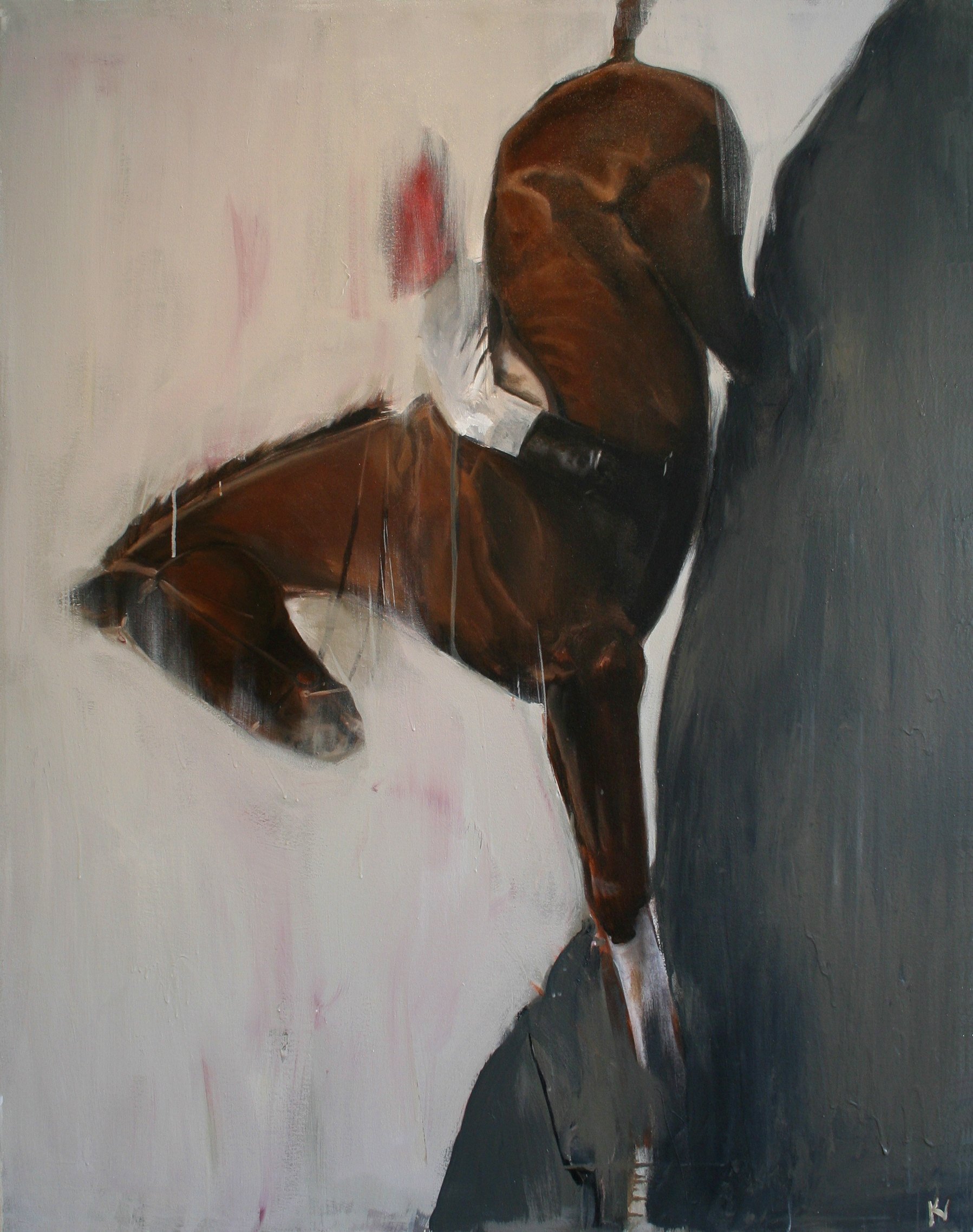 A painting of a person sitting on the floor, leaning against a wall with their face resting on their knees, which are pulled up to their chest.