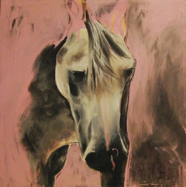 Painting of a horse's head against a pink background.