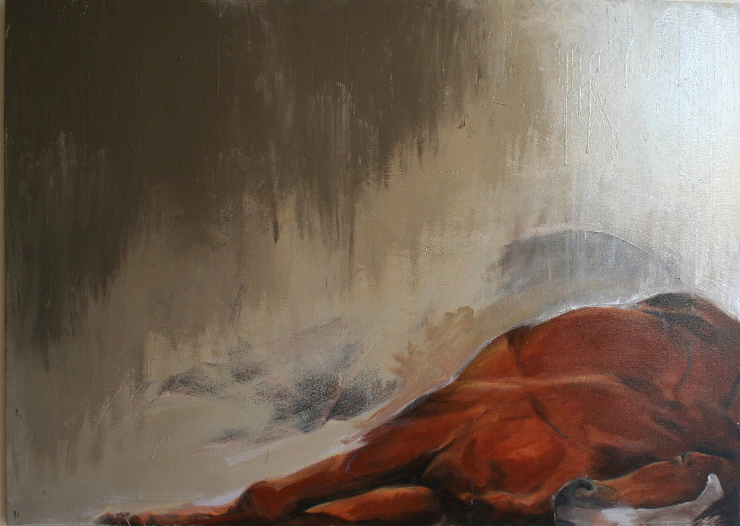 Abstract painting of a reclining figure with a large head and a body with warm reddish tones, set against a textured beige, gray, and black background.