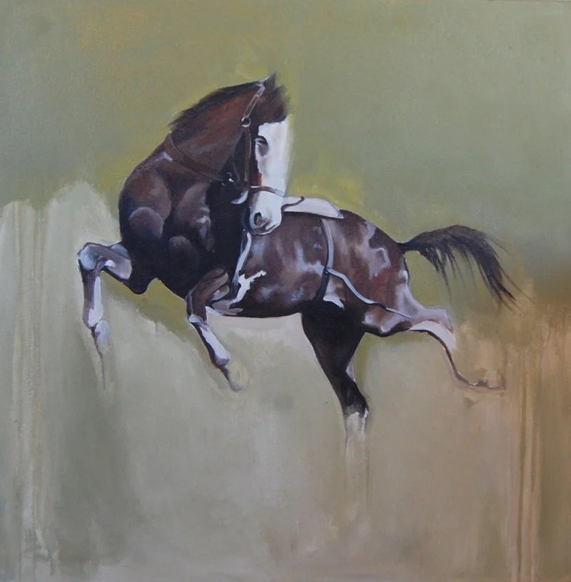A painting of two horses rearing up against a yellowish-green background.