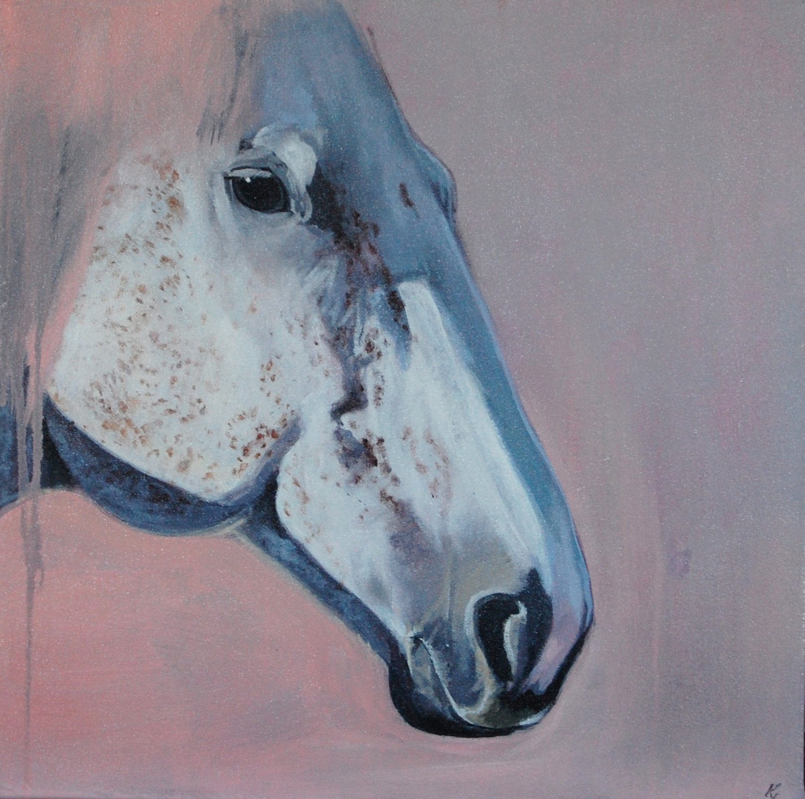 An abstract painting of a horse's head on a pink background.