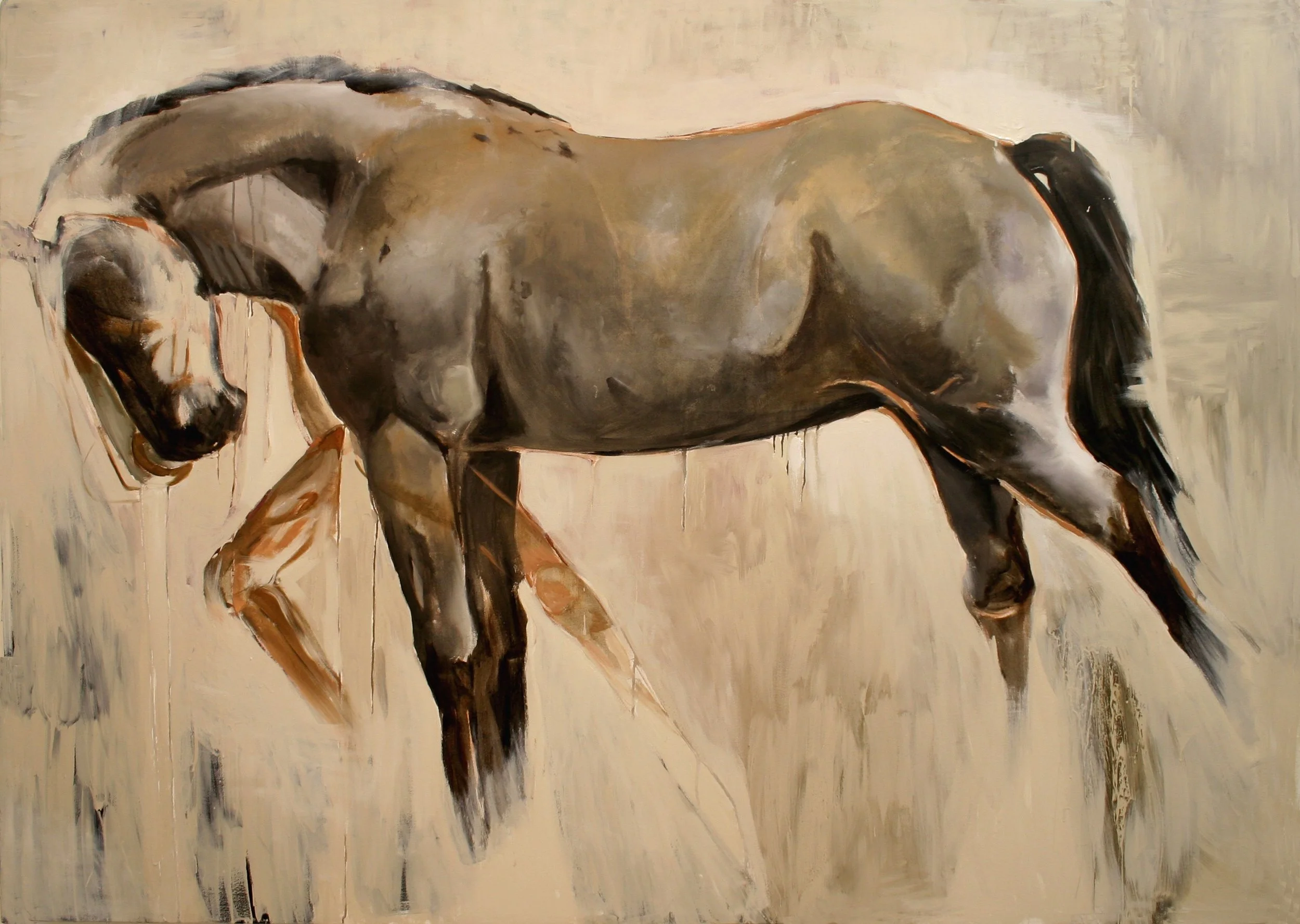 An artistic painting of a gray horse with a black mane and tail, standing on a neutral background.
