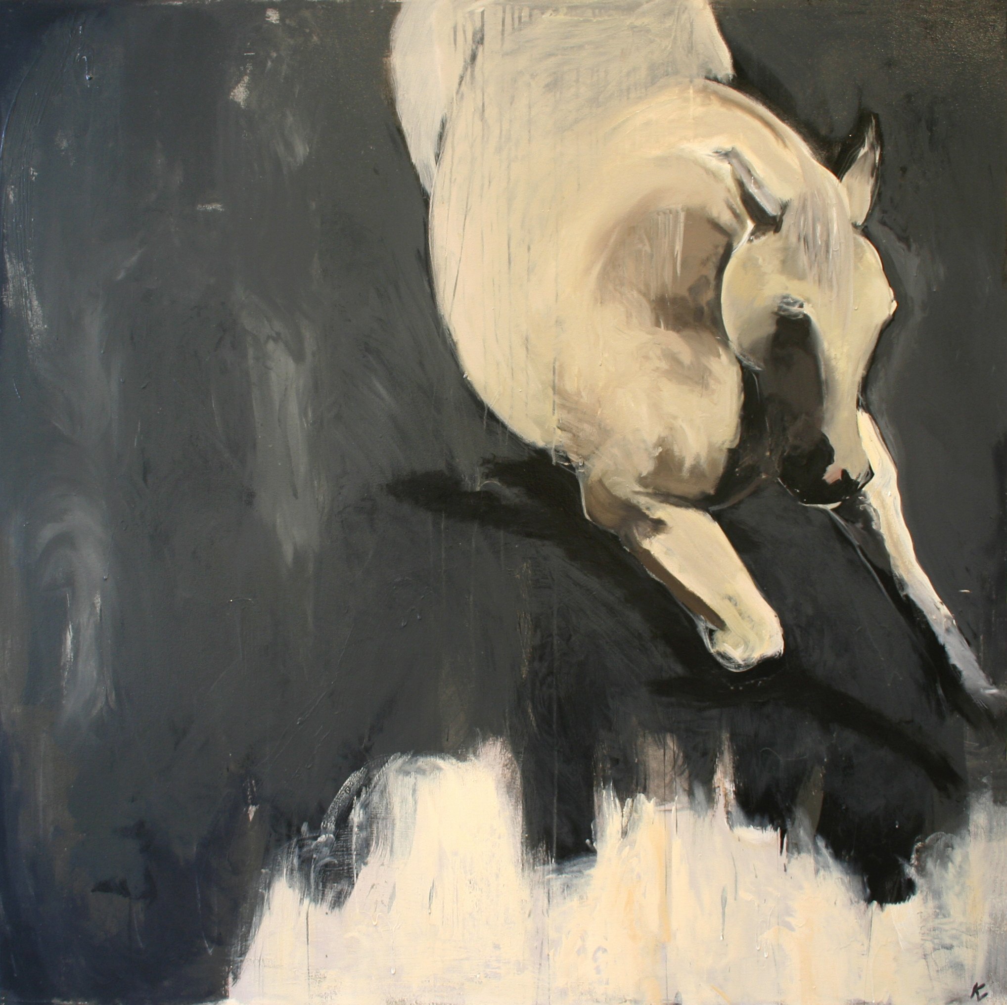 Painting of a dog lying down with its head resting on its front paws, primarily in black, white, and beige tones.