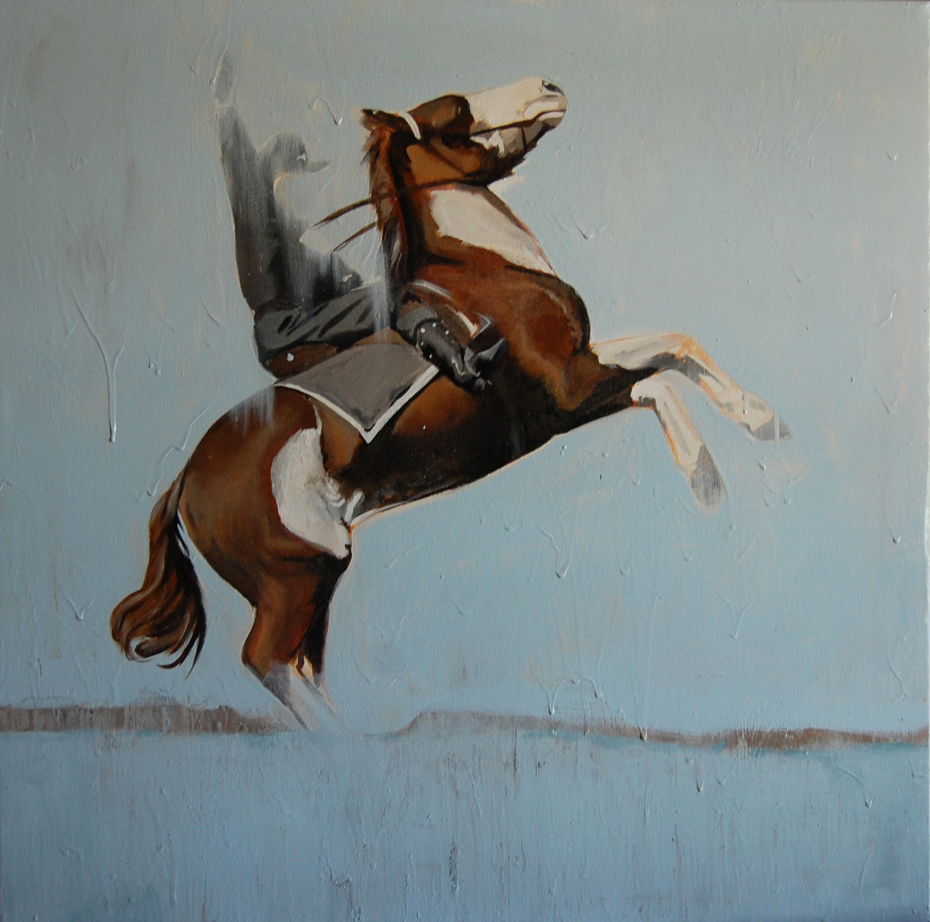 Painting of a jockey riding a brown and white horse against a plain blue background.