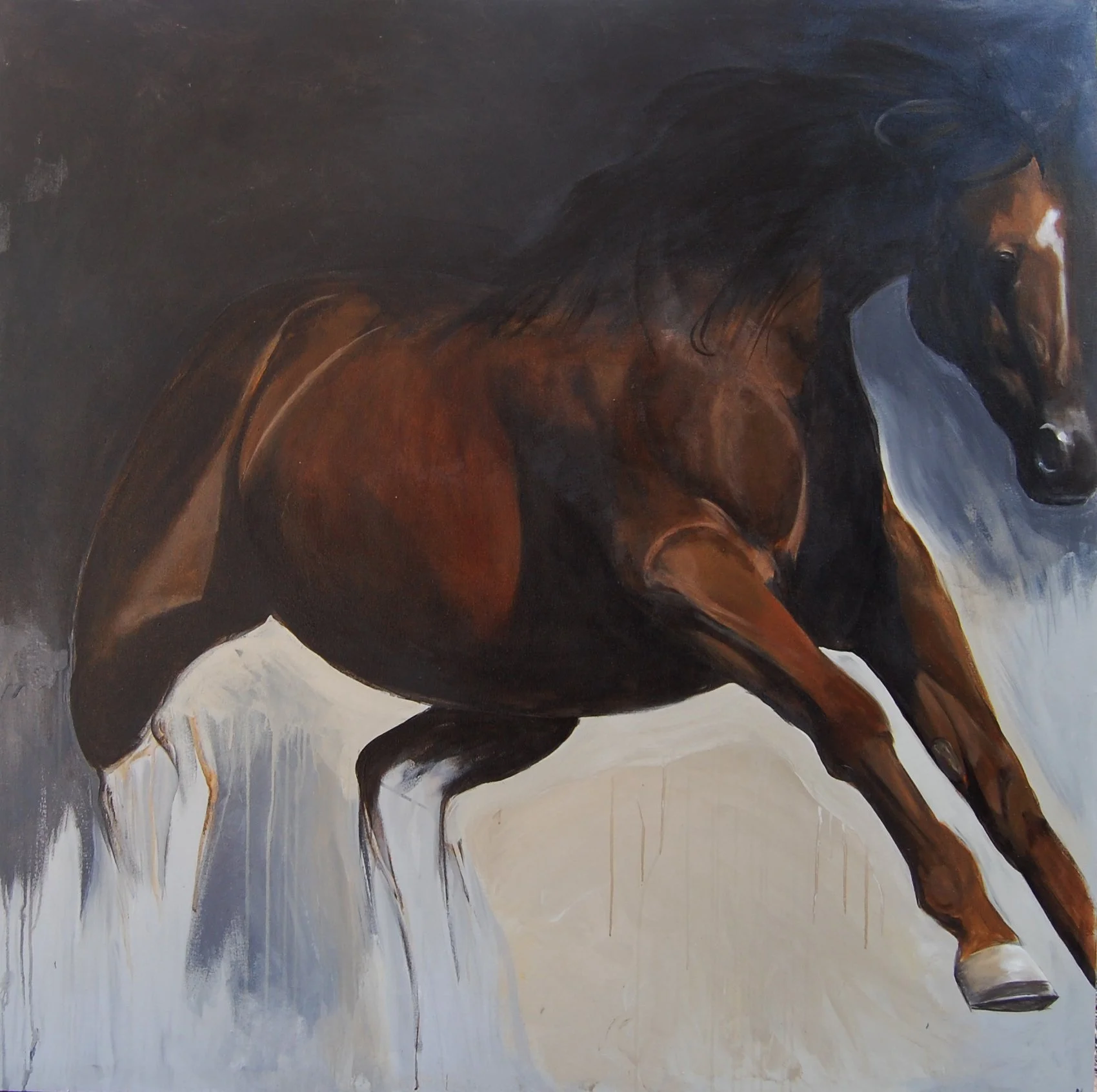 Painting of a running brown horse with a black mane and white markings