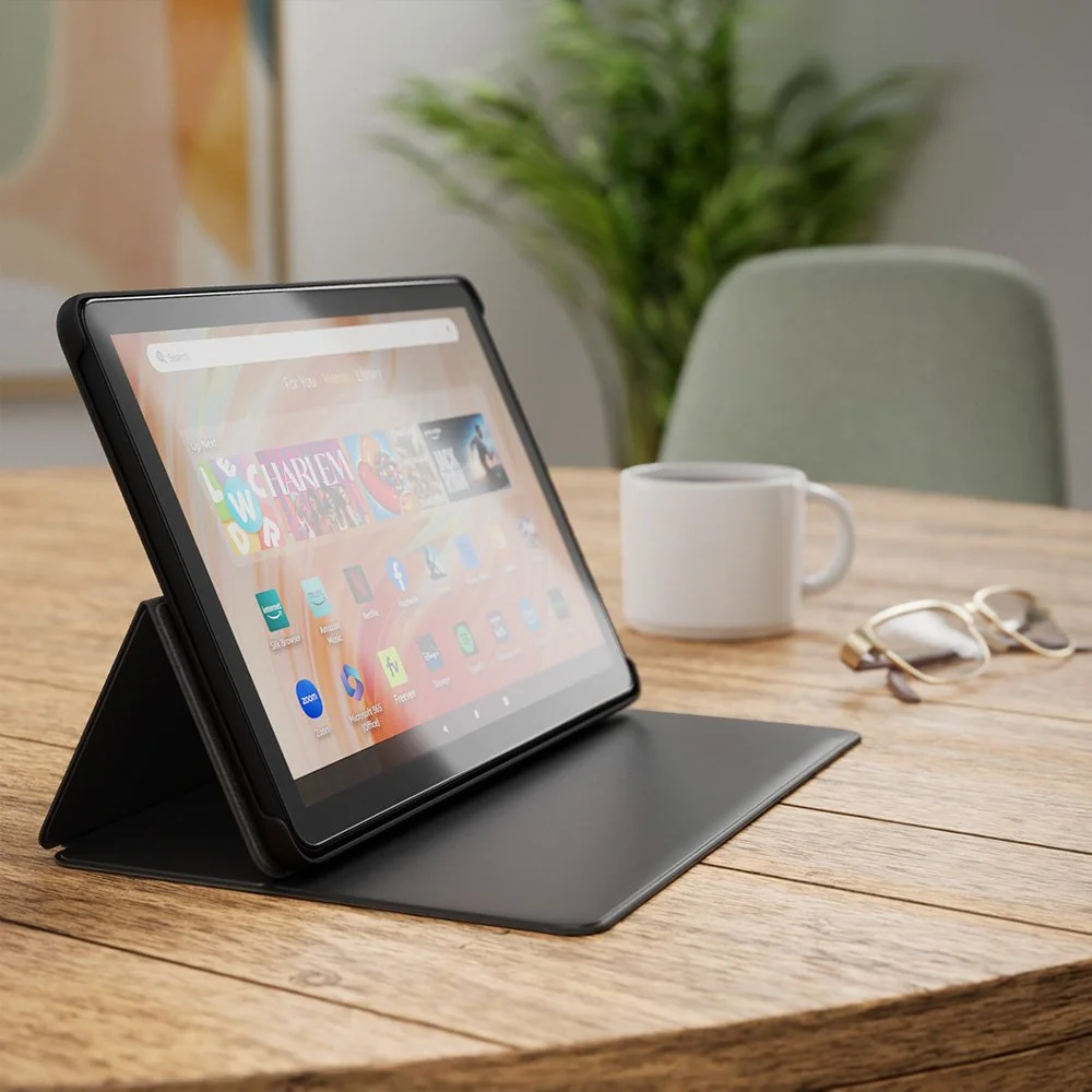 A tablet device in a black case with a stand on a wooden table, surrounded by a white coffee mug and a pair of glasses, with a green plant in the background.
