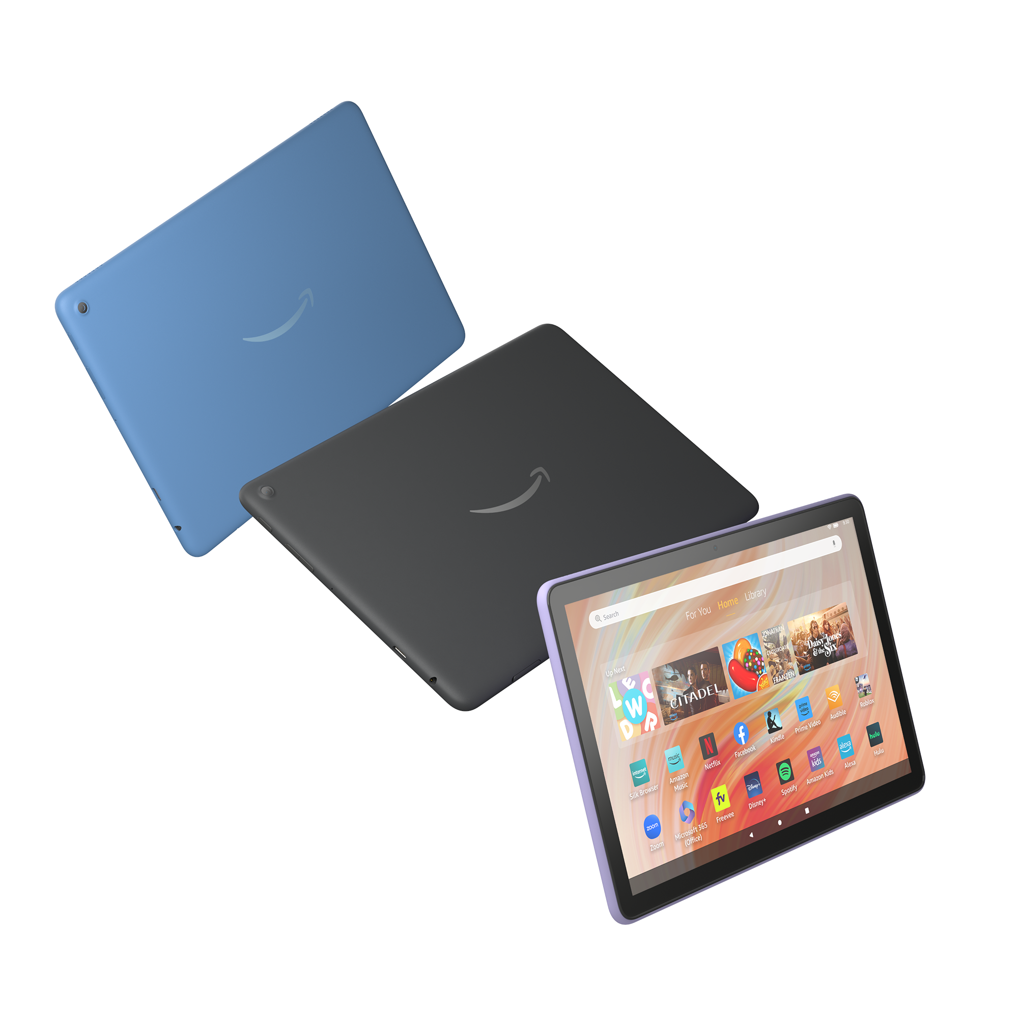 Three Amazon Fire tablets, two closed with backs visible in blue and black, and one open displaying its home screen with various app icons.