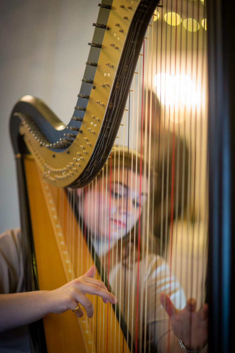 A woman playing a harp, with her face visible through the harp strings, and the sunlight creating a warm glow in the background.
