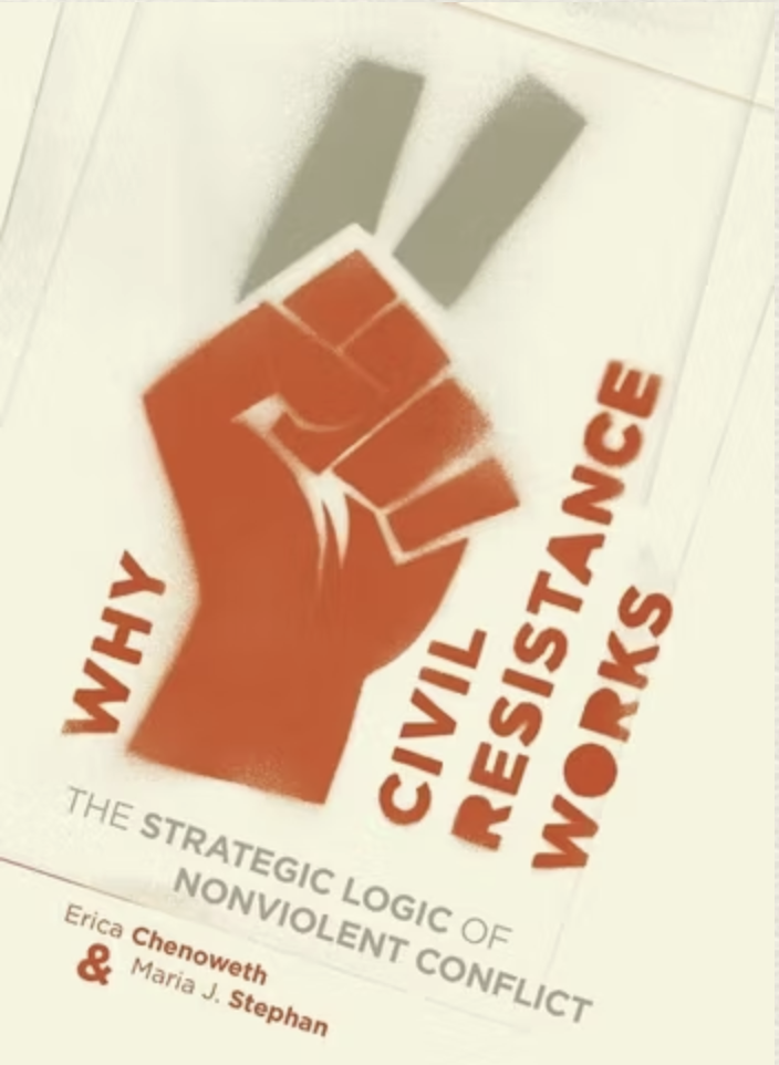 Book cover titled 'Why Civil Resistance Works' showing a red clenched fist symbolizing resistance, with previous grey fists shown in the background. Authored by Erica Chenoweth and Maria J. Stephan.
