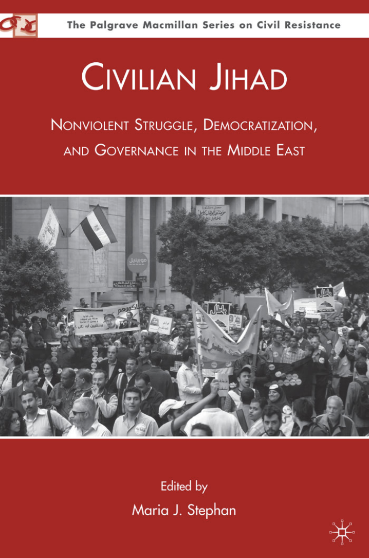 Book cover titled "Civilian Jihad: Nonviolent Struggle, Democratization, and Governance in the Middle East" edited by Maria J. Stephan. The cover features a black-and-white photo of a large protest or demonstration in an urban setting with people holding flags and signs.