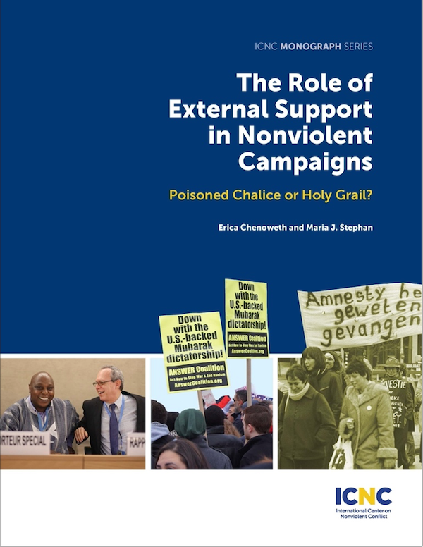 Cover page of a monograph titled 'The Role of External Support in Nonviolent Campaigns,' part of the ICNC Monograph Series, with photos of protests and activists holding signs.