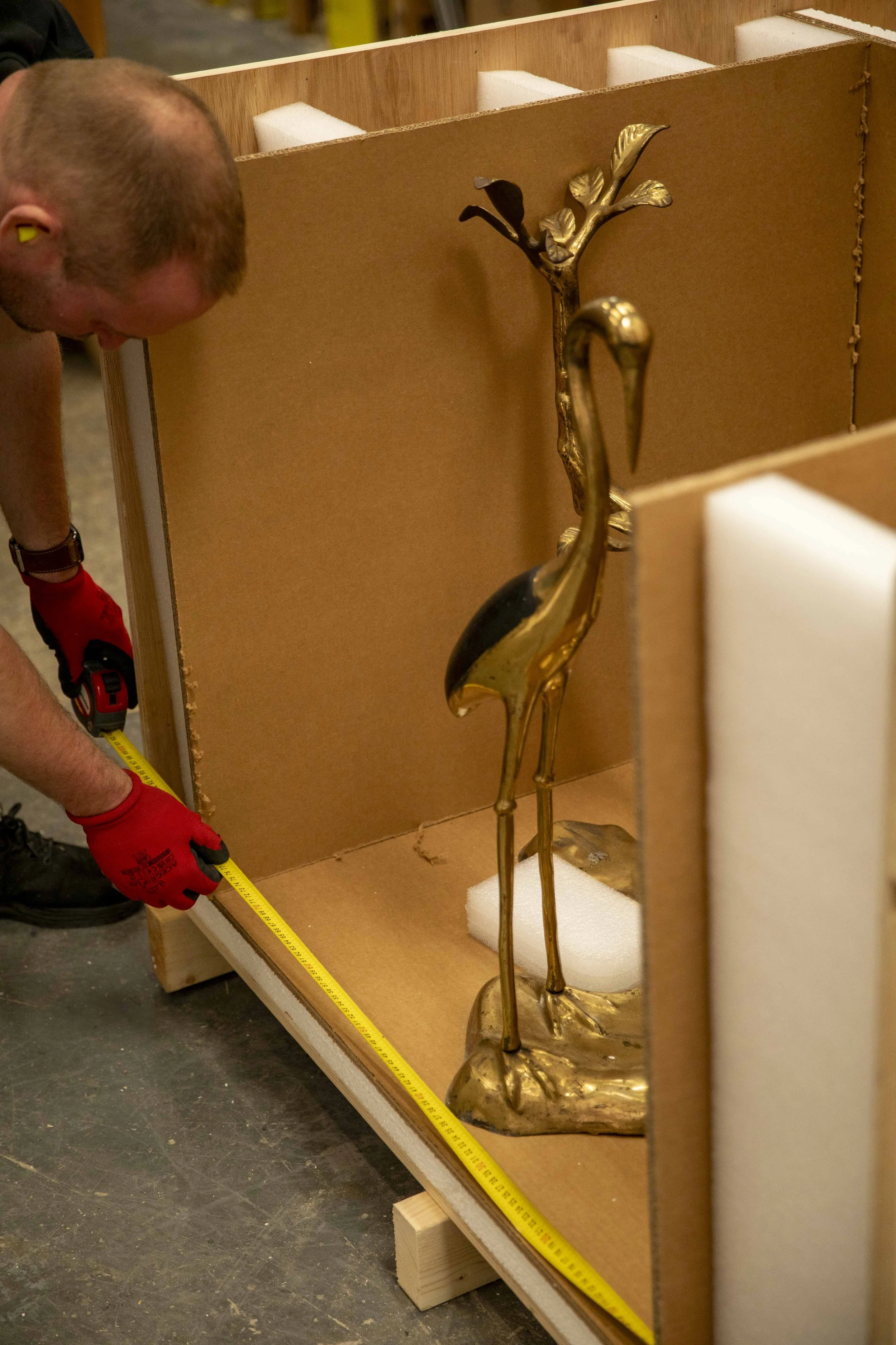 A person measuring a gold-colored heron statuette inside a wooden display case, with protective foam padding around it.