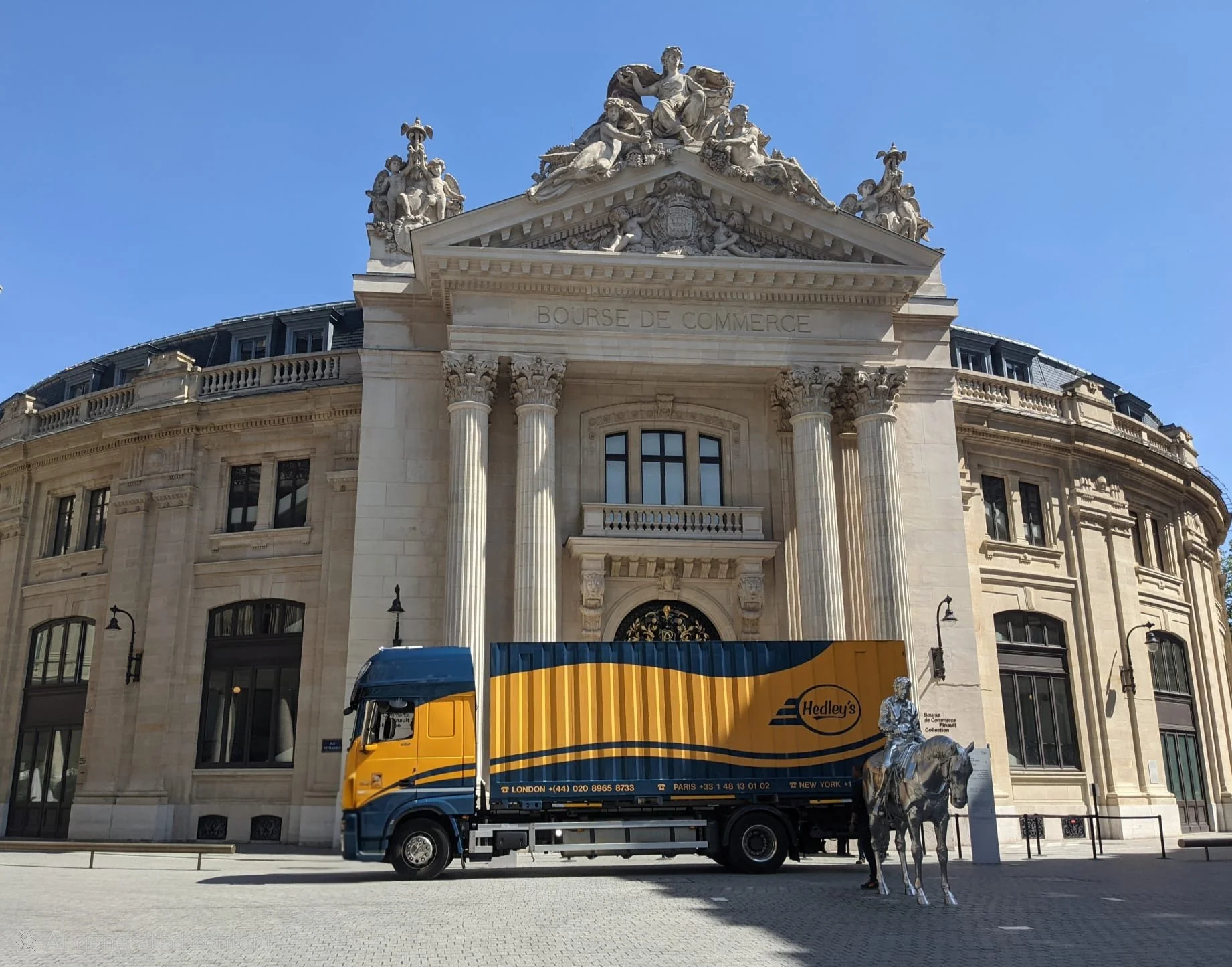 Un camion jaune et bleu garé devant un bâtiment historique en pierre avec des colonnes, sous un ciel bleu clair.